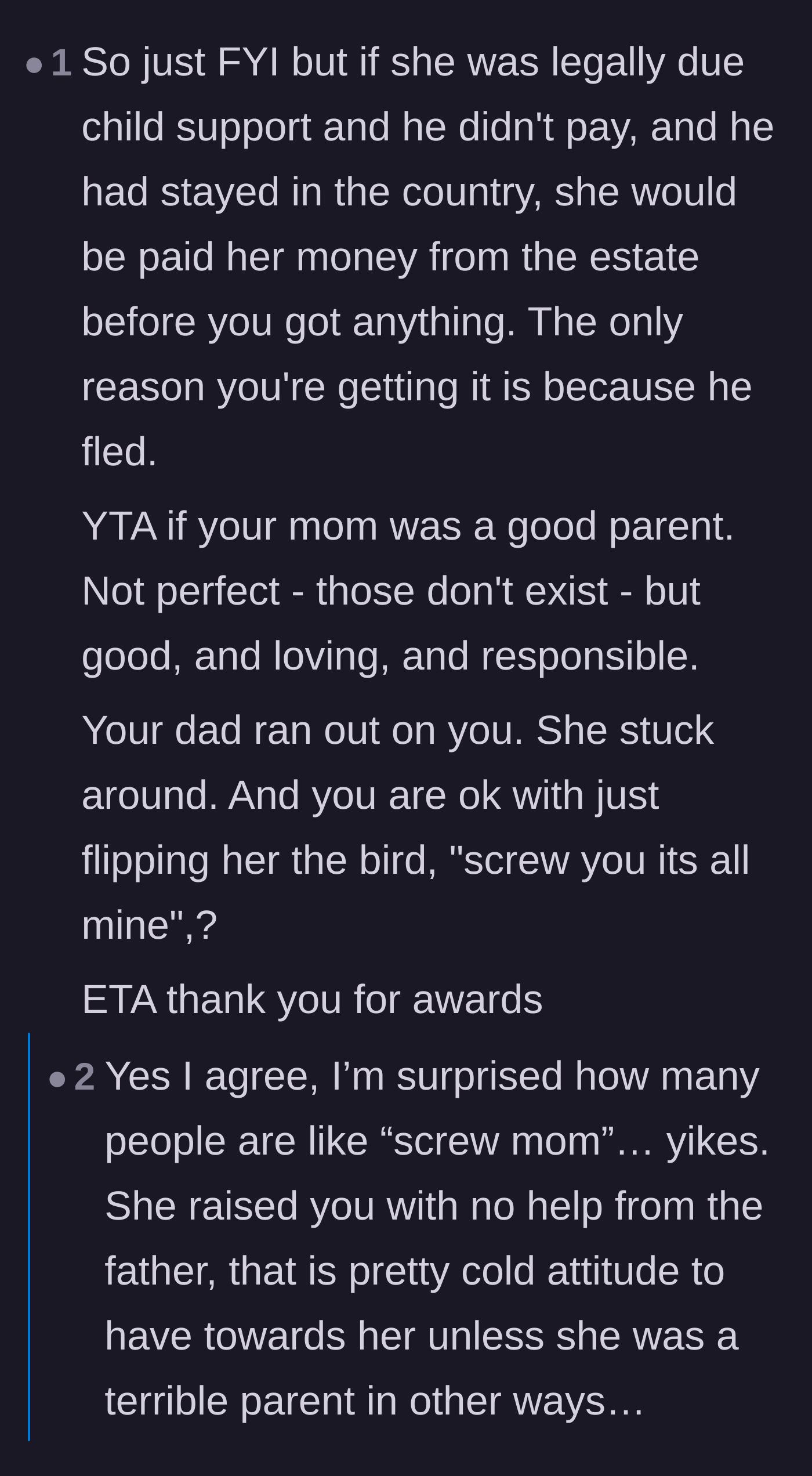 Comment thread arguing the author is wrong for not sharing the money with the mother who raised them.