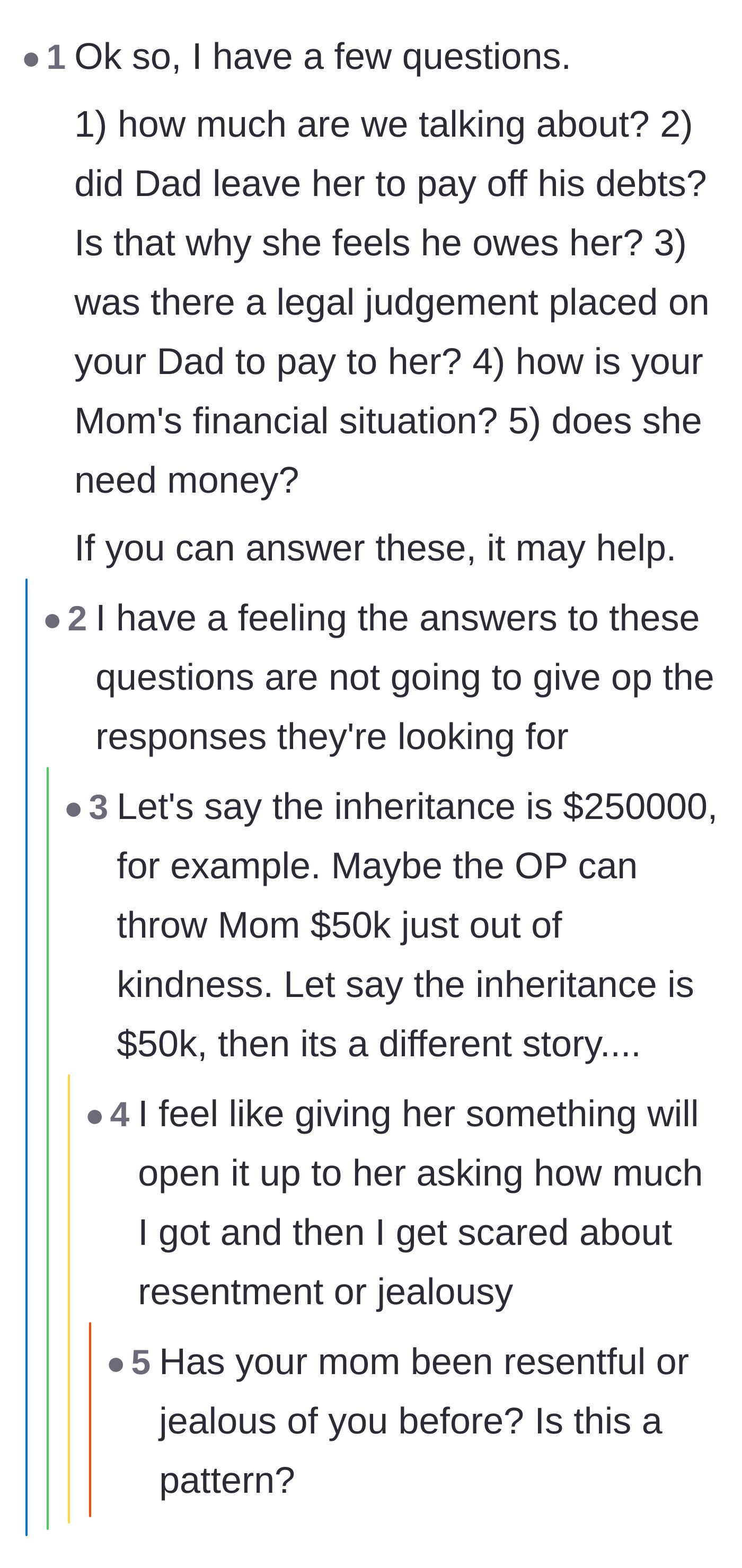 Comment thread interrogating the author about the exact financial amounts and the mother's living situation.