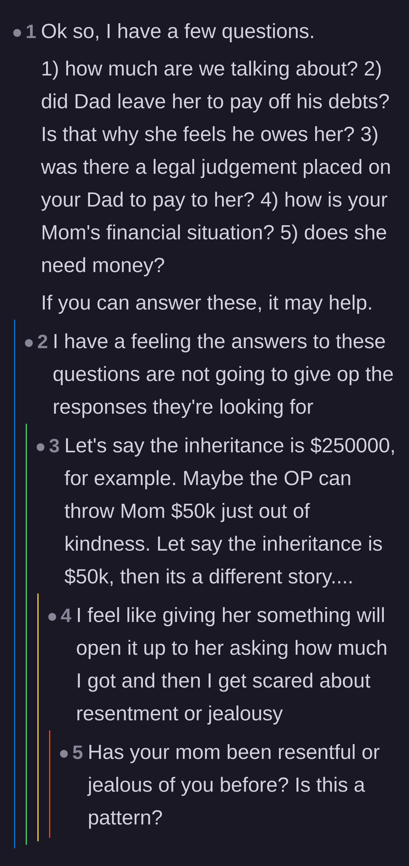 Comment thread interrogating the author about the exact financial amounts and the mother's living situation.