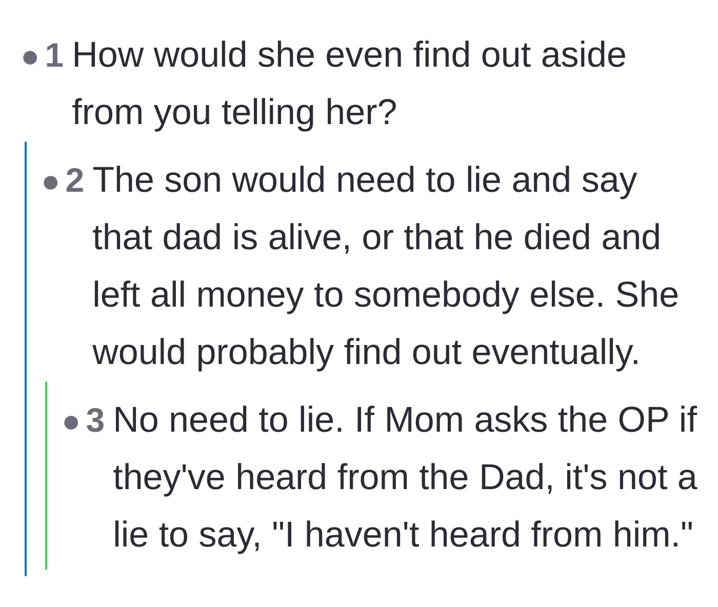 Comment thread discussing the logistics of how the mother might actually discover the secret inheritance.