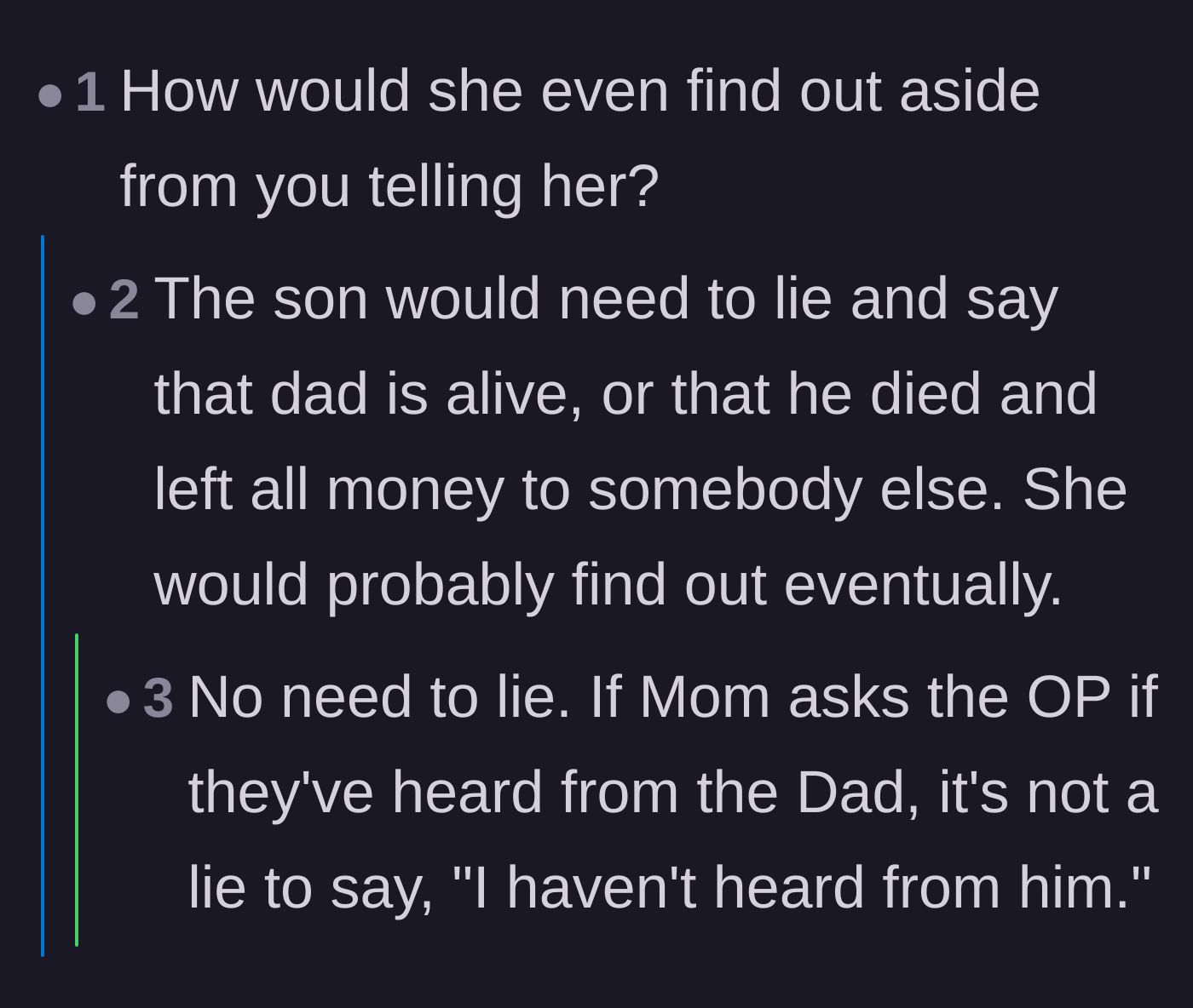 Comment thread discussing the logistics of how the mother might actually discover the secret inheritance.