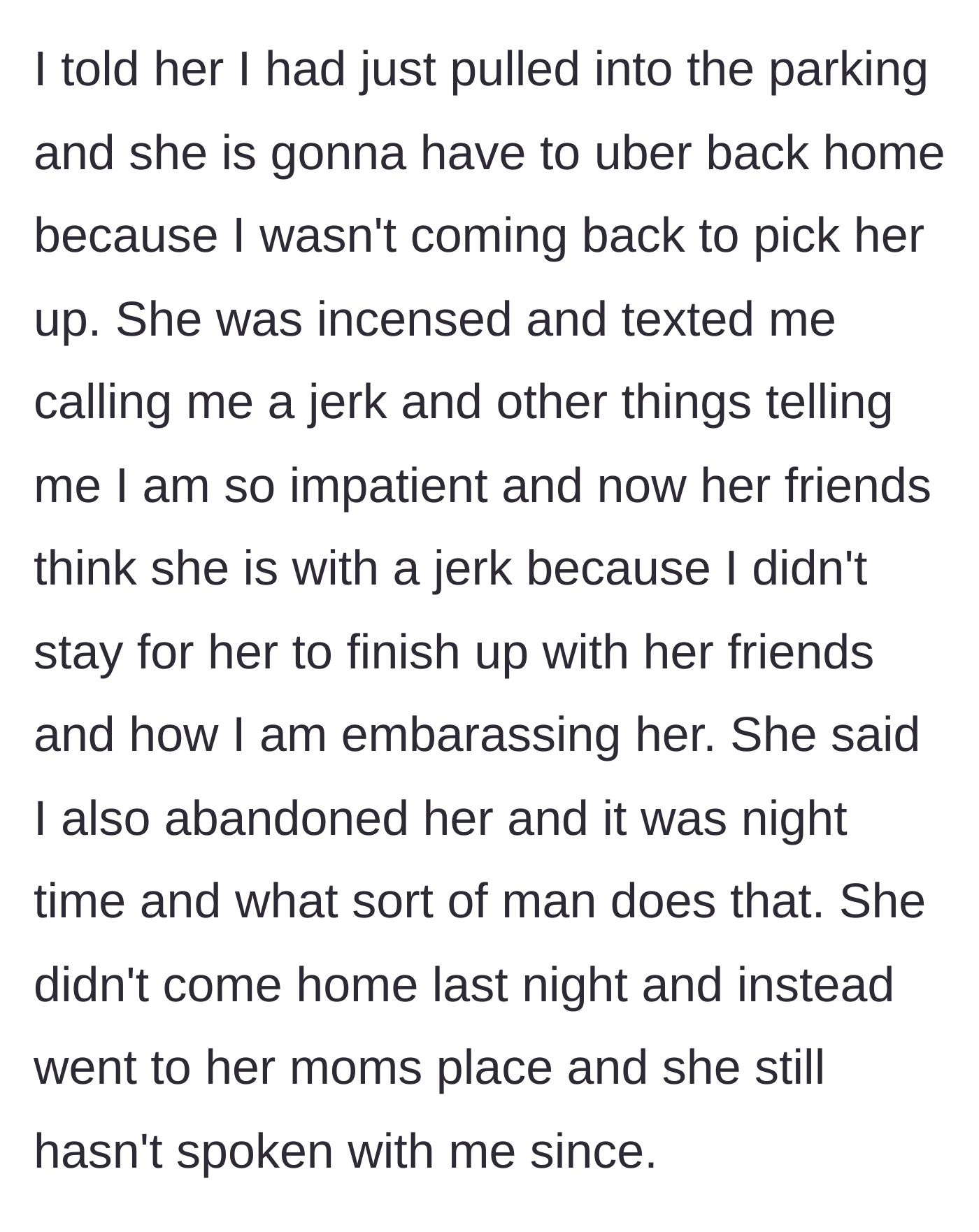 Story part 4 - Fiancée sending angry texts after discovering she has to get an Uber, then fleeing to her mother's house.