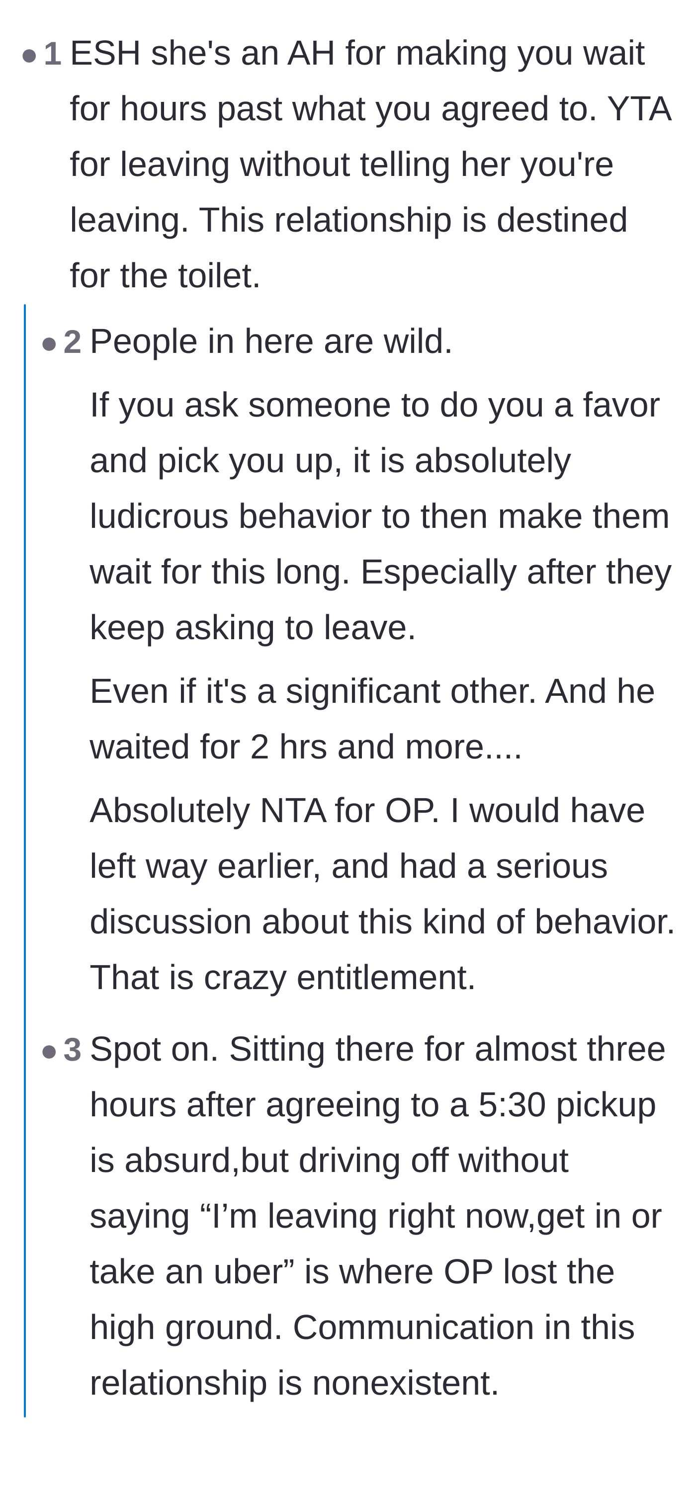 Comment thread 1 - A debate on whether sneaking out without a final warning makes the boyfriend just as bad as the fiancée.