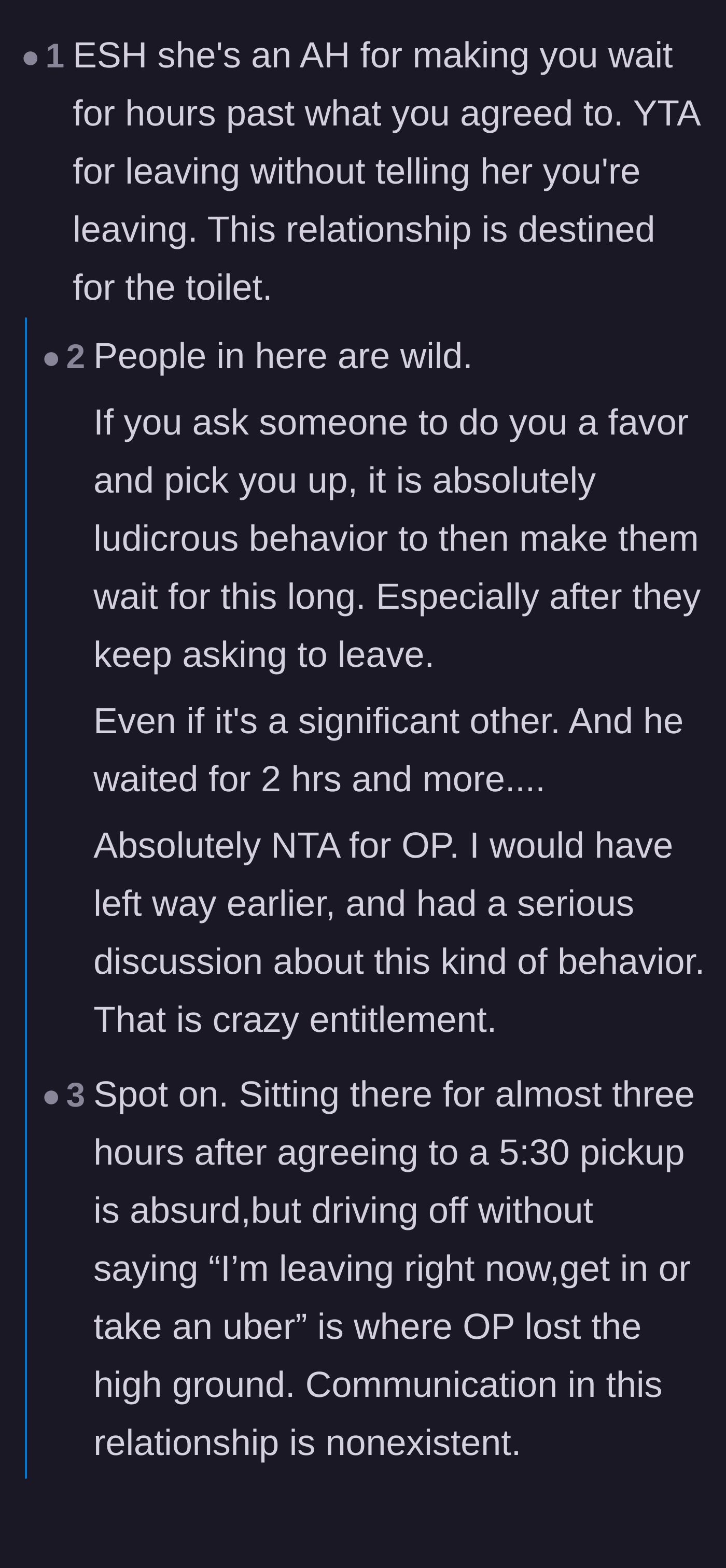 Comment thread 1 - A debate on whether sneaking out without a final warning makes the boyfriend just as bad as the fiancée.