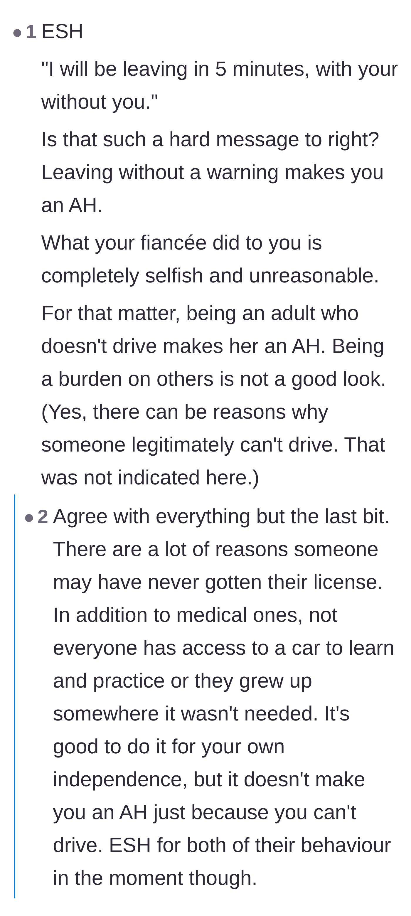 Comment thread 2 - An argument over whether adults who choose not to drive inevitably become entitled burdens to their partners.