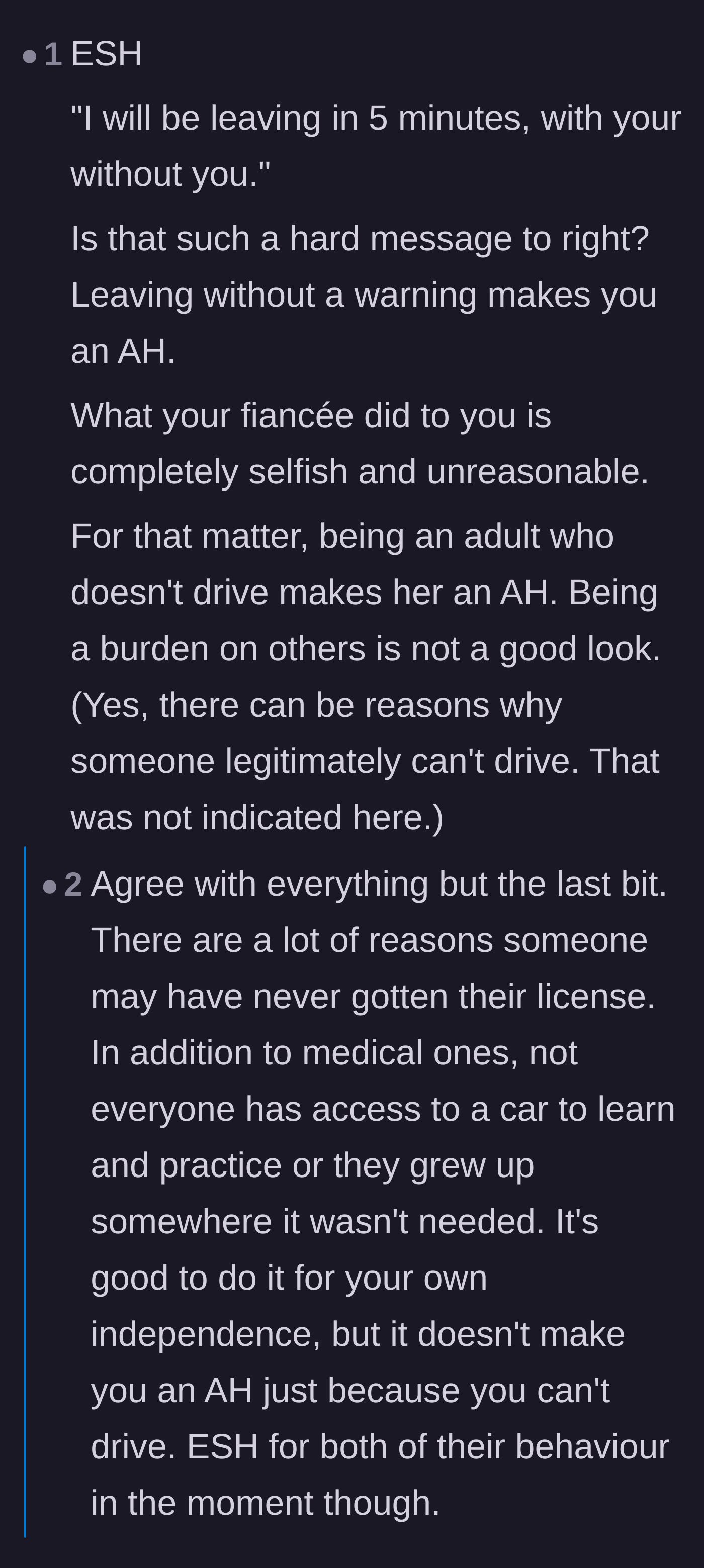 Comment thread 2 - An argument over whether adults who choose not to drive inevitably become entitled burdens to their partners.