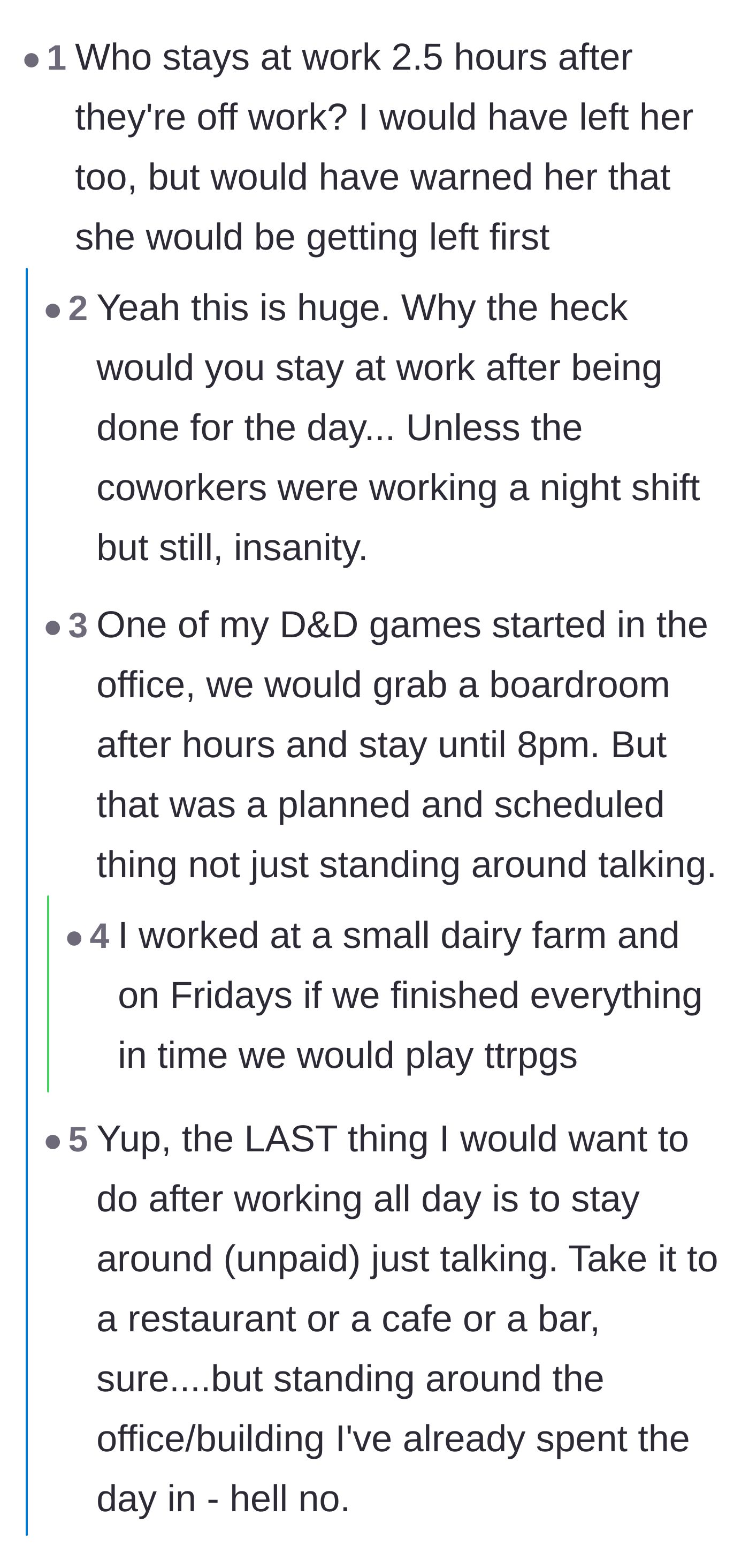 Comment thread 4 - Readers expressing sheer bafflement at why anyone would hang out at their office unpaid for hours.