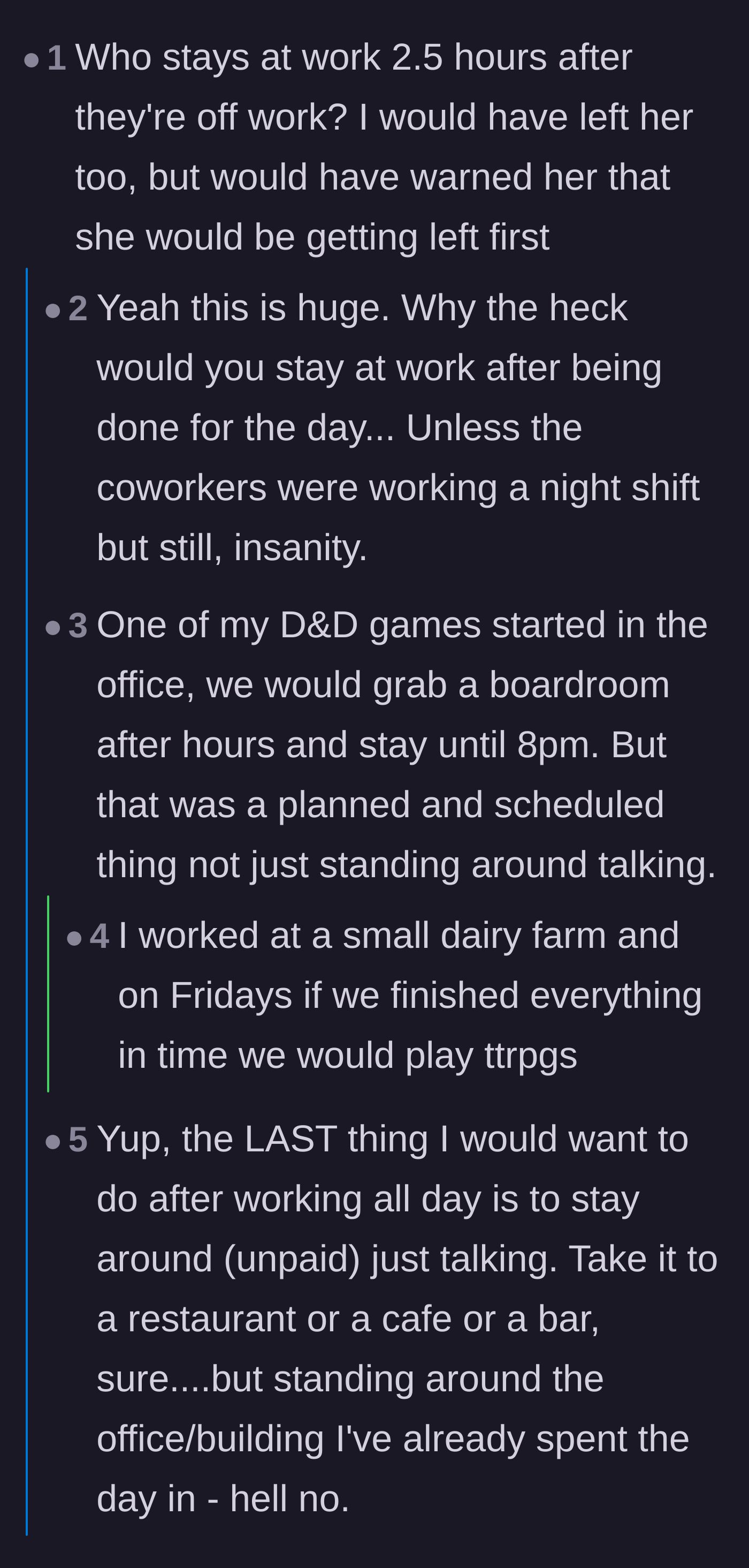 Comment thread 4 - Readers expressing sheer bafflement at why anyone would hang out at their office unpaid for hours.