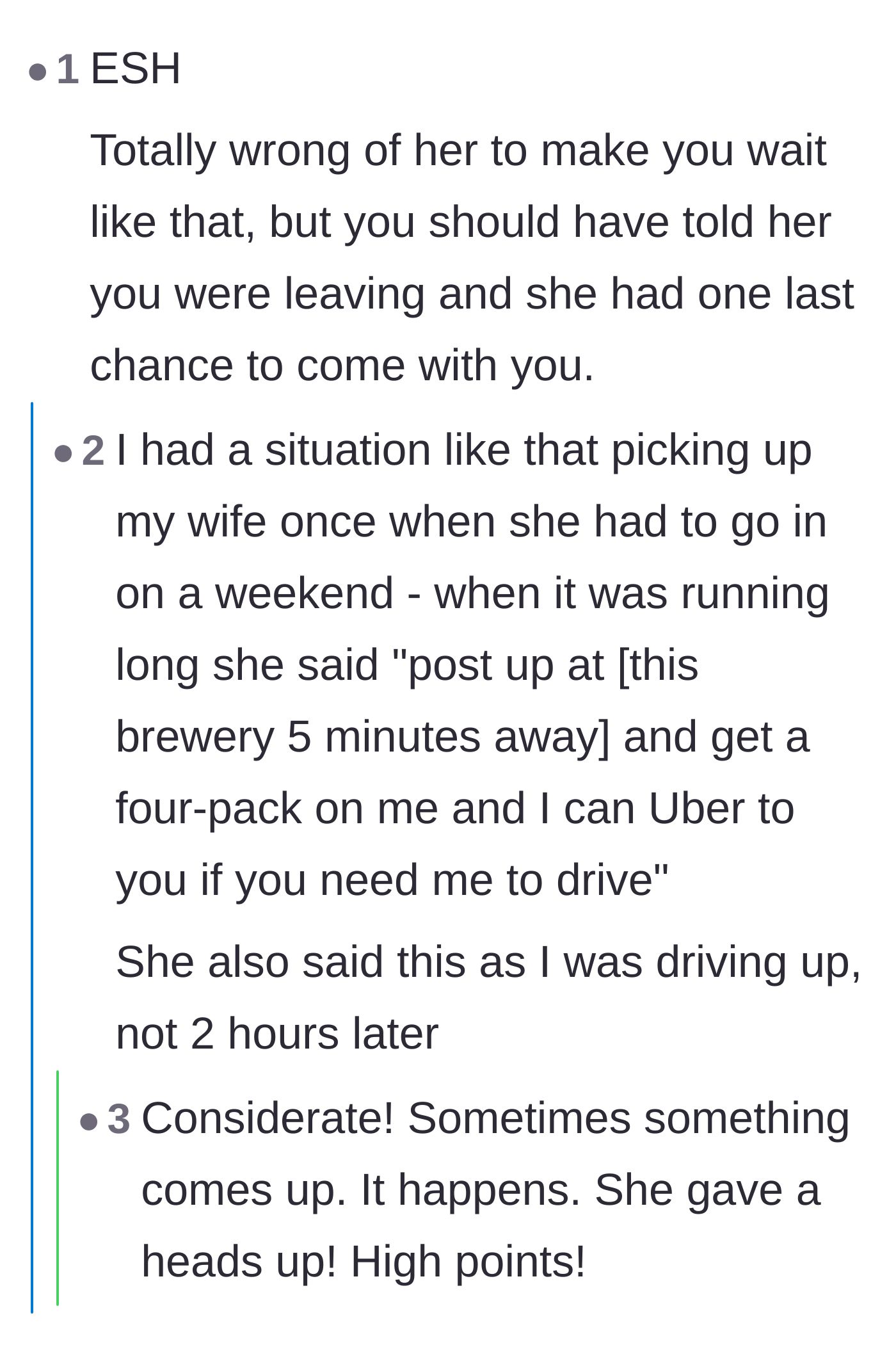 Comment thread 6 - A reader sharing a story about how a considerate partner handles workplace delays by offering to pay for drinks.