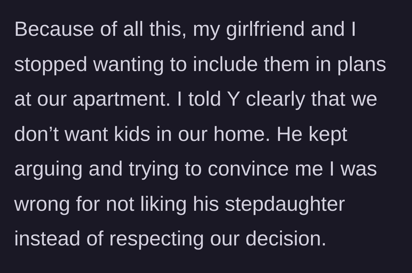 Story part 3 - The main character sets a firm boundary banning the child from their apartment, which the friend aggressively contests.