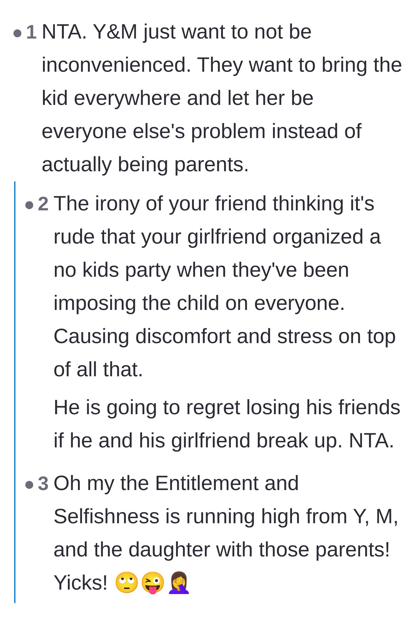 Comment thread 1 - Discussion on the parents imposing their child on everyone to avoid the inconvenience of actual parenting.