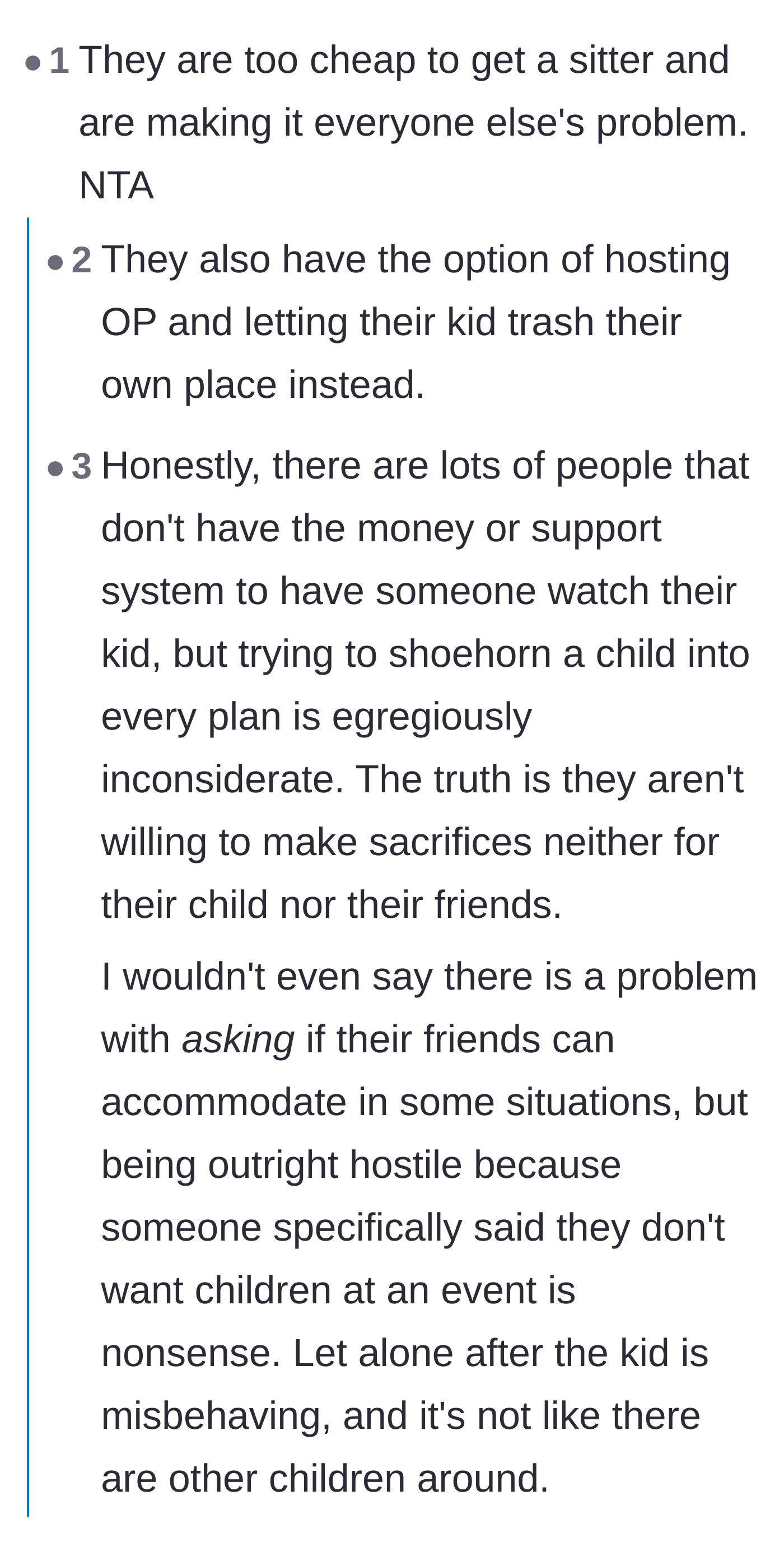 Comment thread 2 - Debate about the parents refusing to hire a babysitter or make sacrifices for their child.