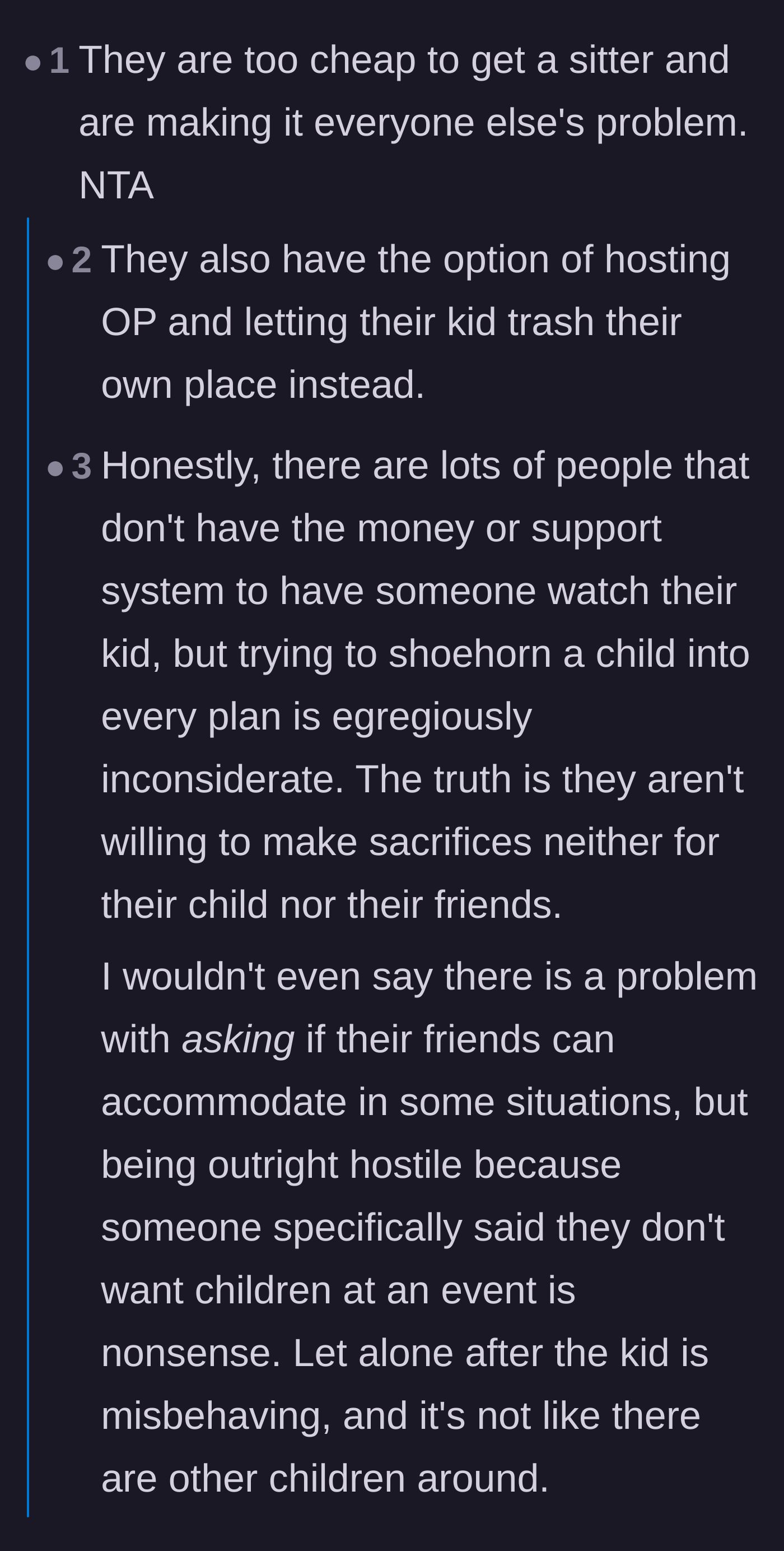 Comment thread 2 - Debate about the parents refusing to hire a babysitter or make sacrifices for their child.