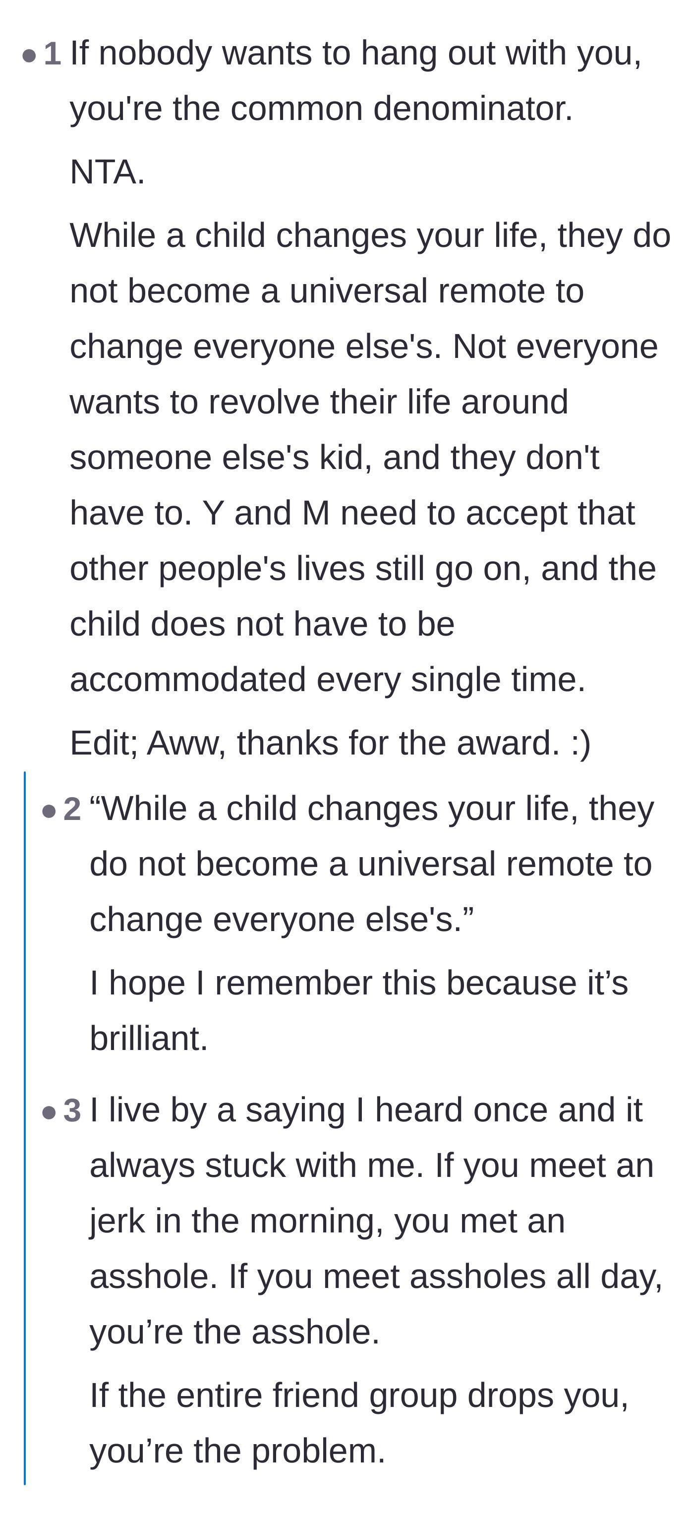 Comment thread 3 - Analysis of how a child changes the parents' lives but shouldn't be used to change everyone else's.