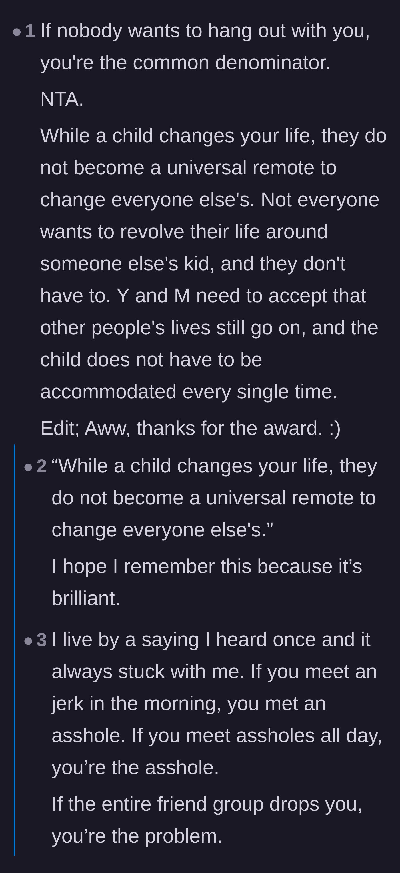 Comment thread 3 - Analysis of how a child changes the parents' lives but shouldn't be used to change everyone else's.