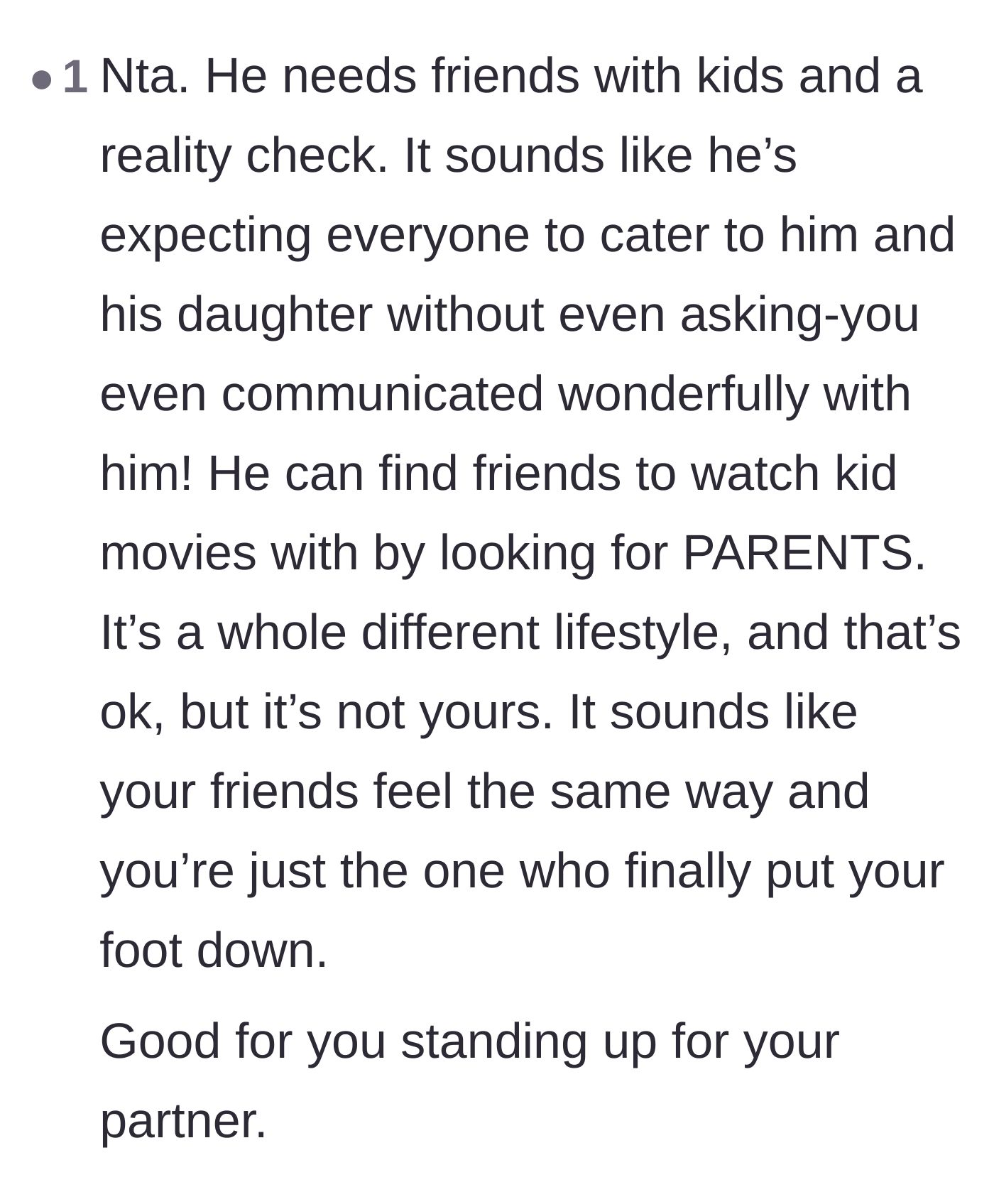 Comment thread 4 - Advice that the friend needs to find parent friends and accept that their lifestyles no longer align.