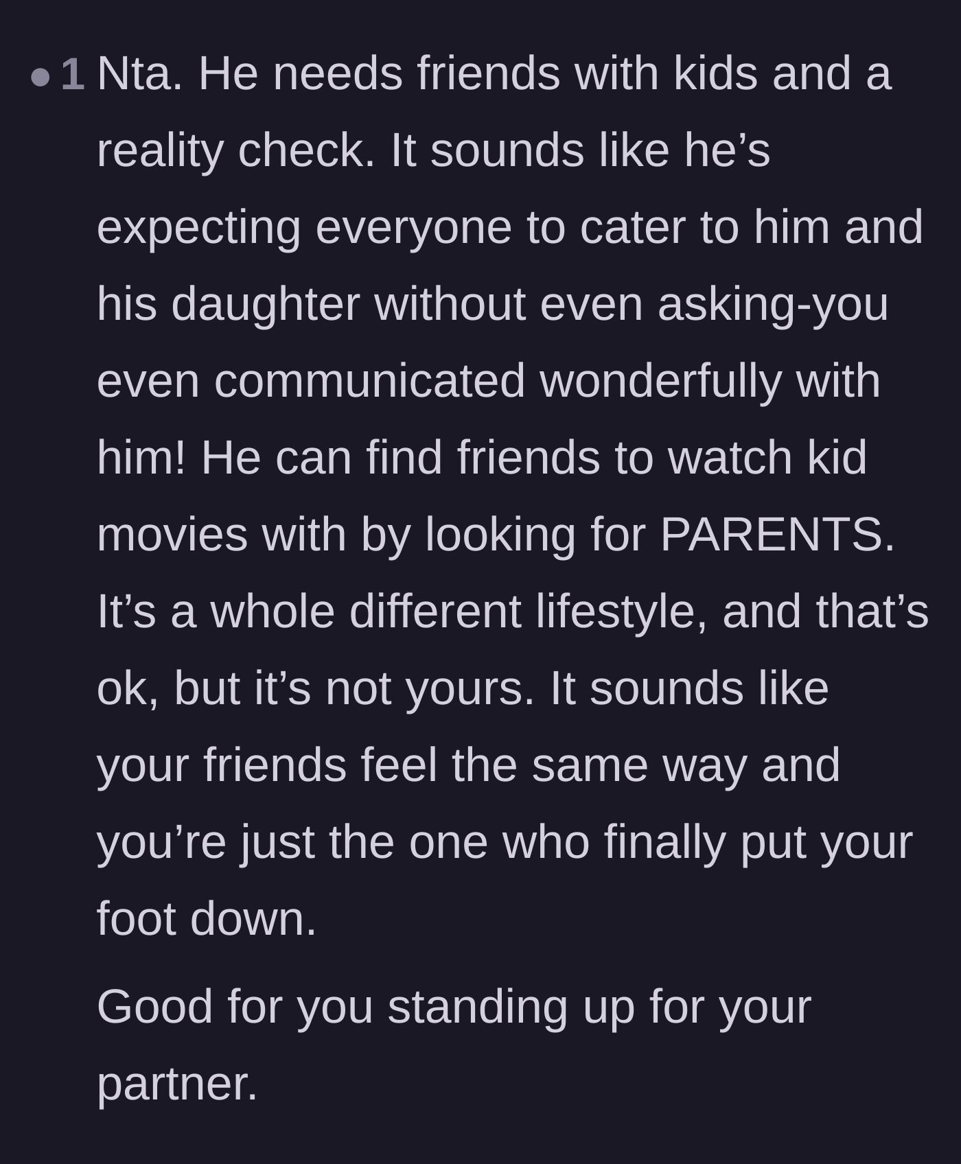 Comment thread 4 - Advice that the friend needs to find parent friends and accept that their lifestyles no longer align.