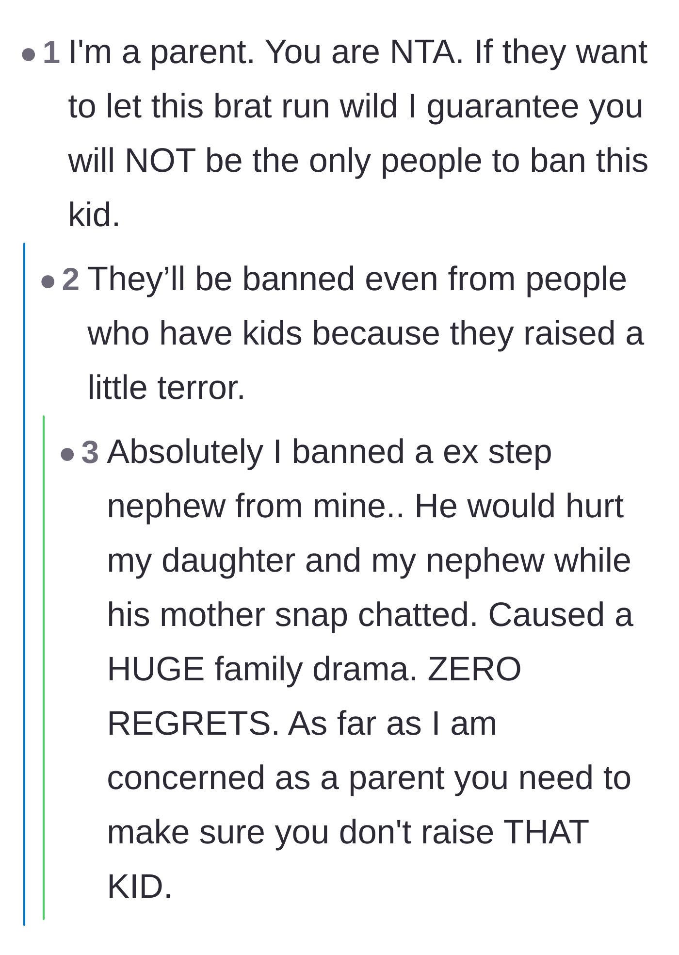 Comment thread 6 - Fellow parents validating the main character and noting that undisciplined children are excluded from playdates too.