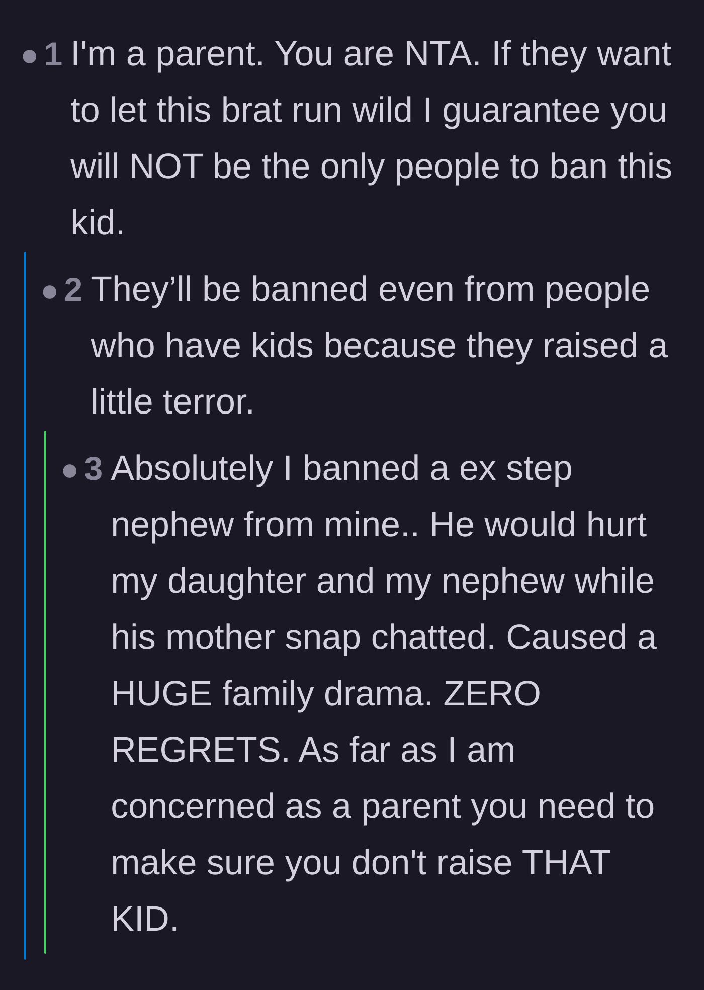 Comment thread 6 - Fellow parents validating the main character and noting that undisciplined children are excluded from playdates too.