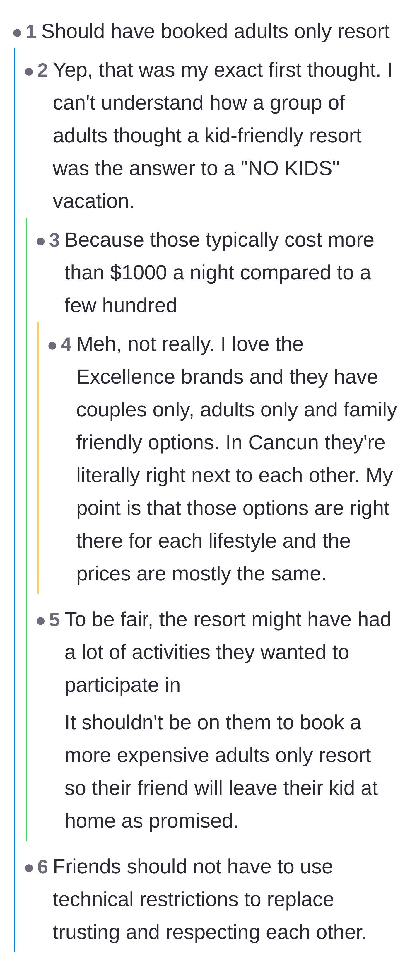 Comment thread 4 - A debate on whether the group should have preemptively booked an adults-only resort to force compliance