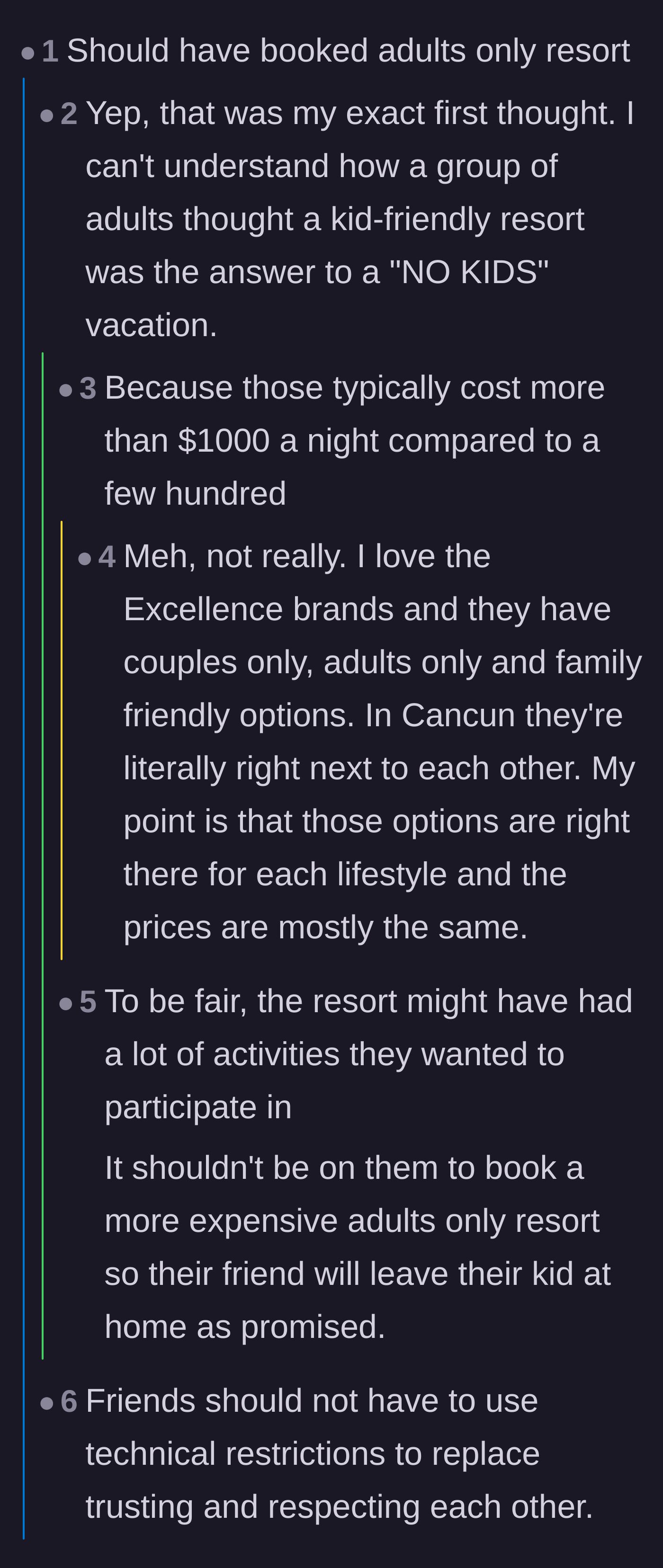Comment thread 4 - A debate on whether the group should have preemptively booked an adults-only resort to force compliance