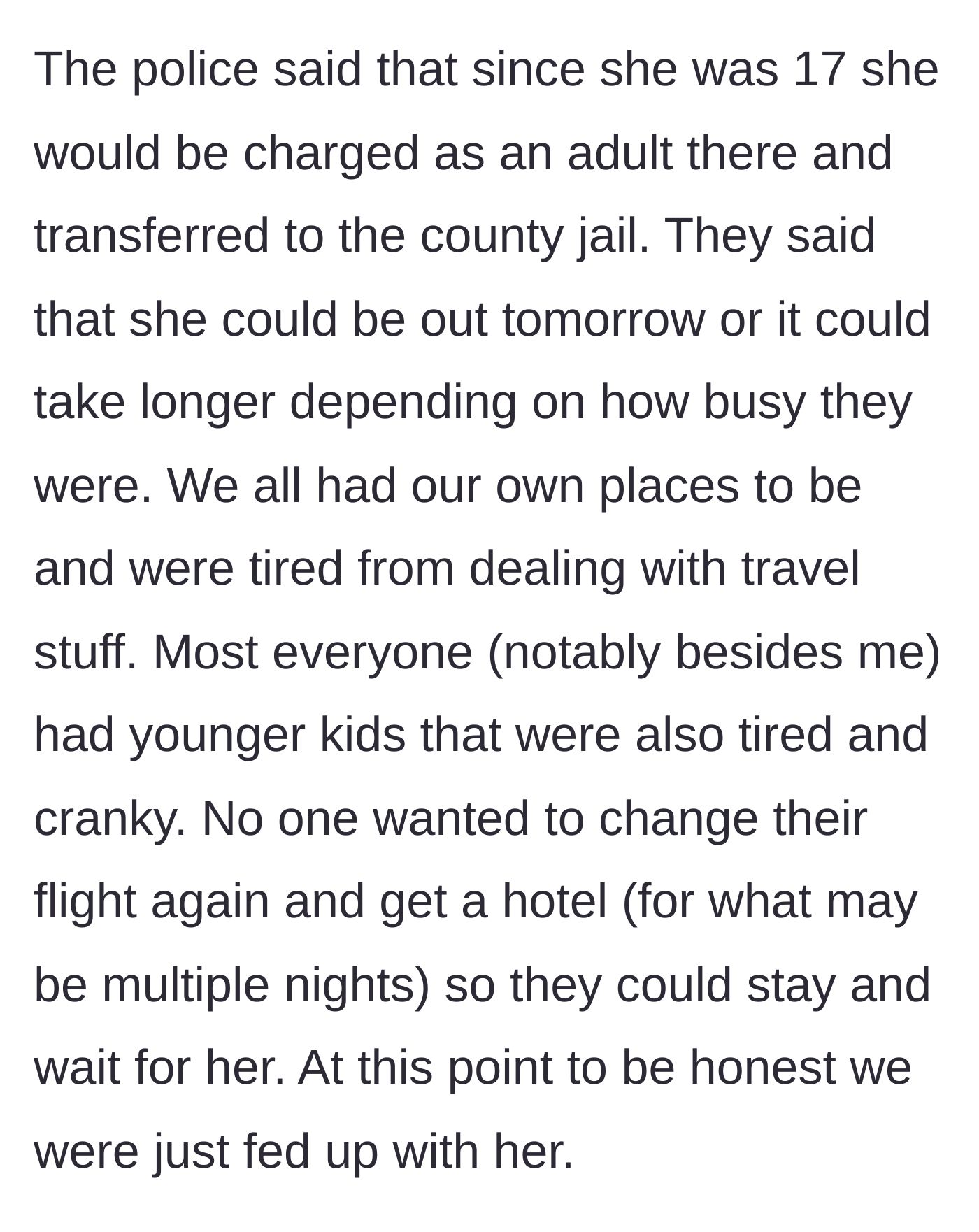Story part 3 - Police explain the teenager will be charged as an adult and held, prompting the exhausted extended family to decide against staying.