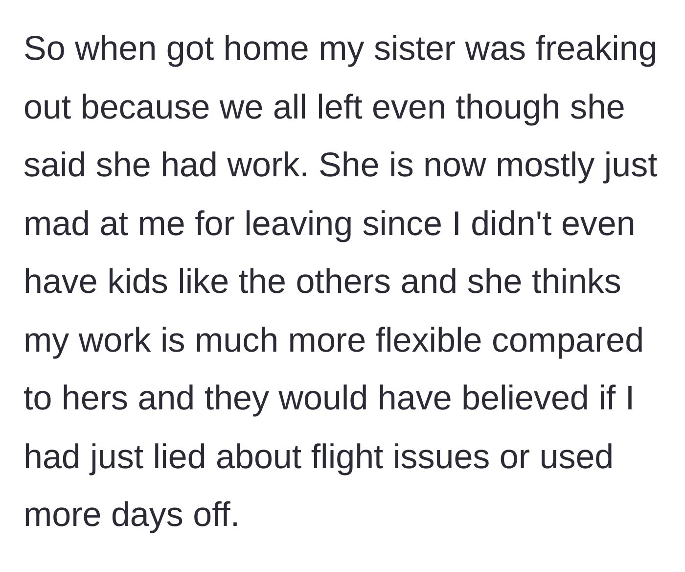Story part 5 - The mother targets her child-free sibling, angrily claiming they should have skipped work and lied to stay with the teenager.
