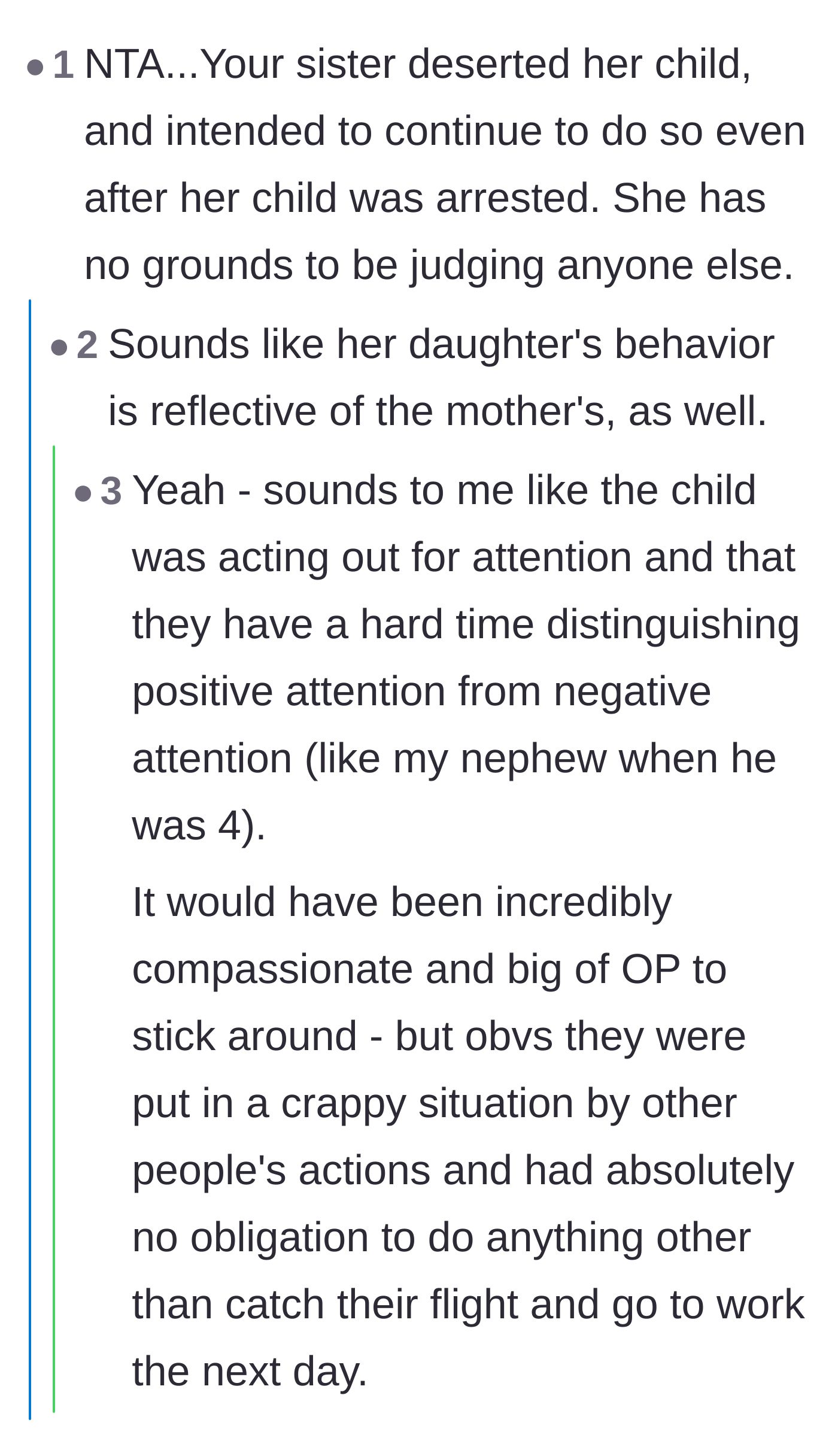 Comment thread 2 - Readers connect the teenager's shoplifting directly to the mother's history of neglect.