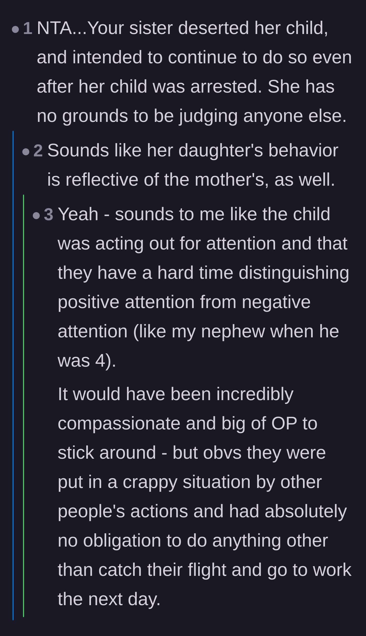 Comment thread 2 - Readers connect the teenager's shoplifting directly to the mother's history of neglect.