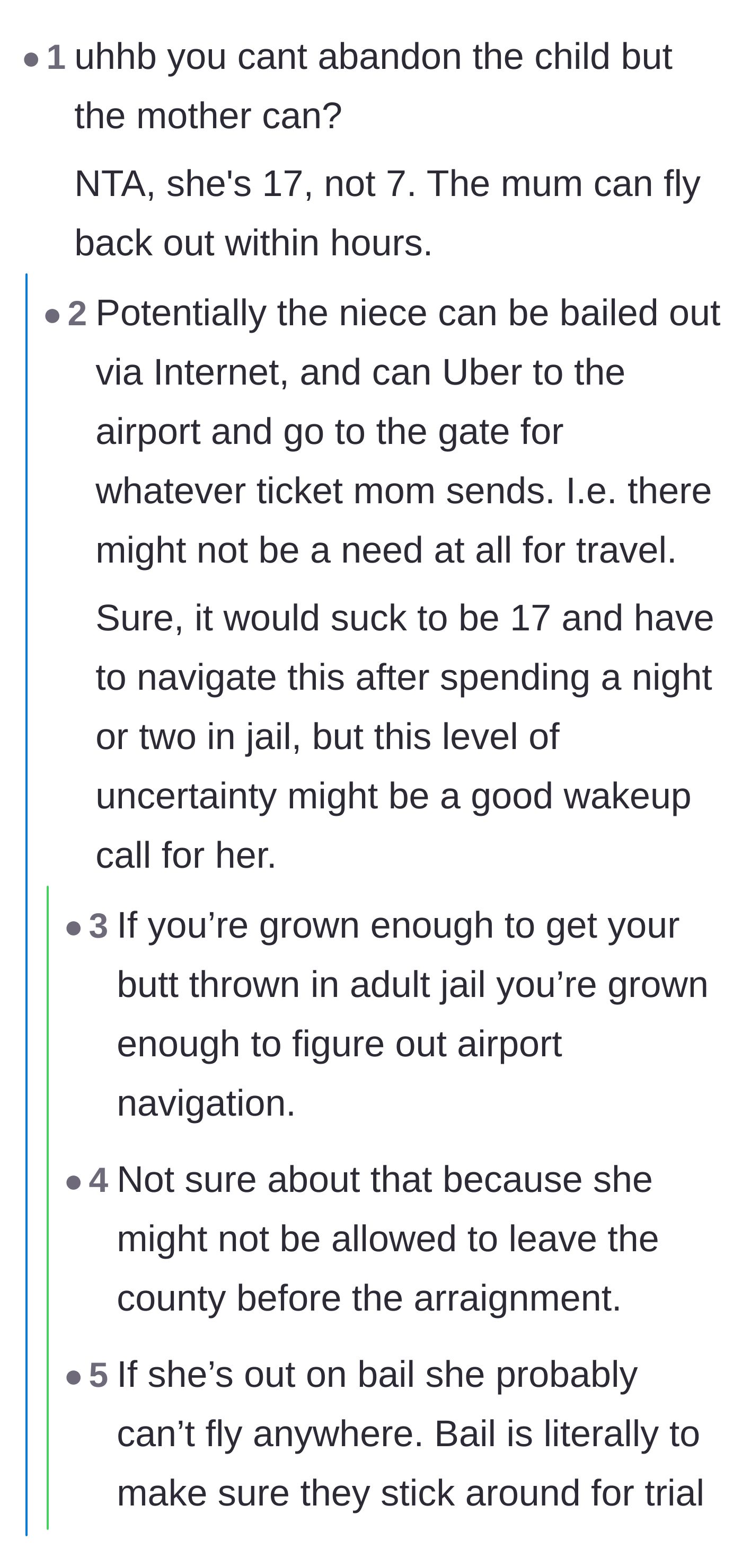 Comment thread 3 - A logistical debate about bail and whether a 17-year-old actually needs an adult chaperone to fly home.