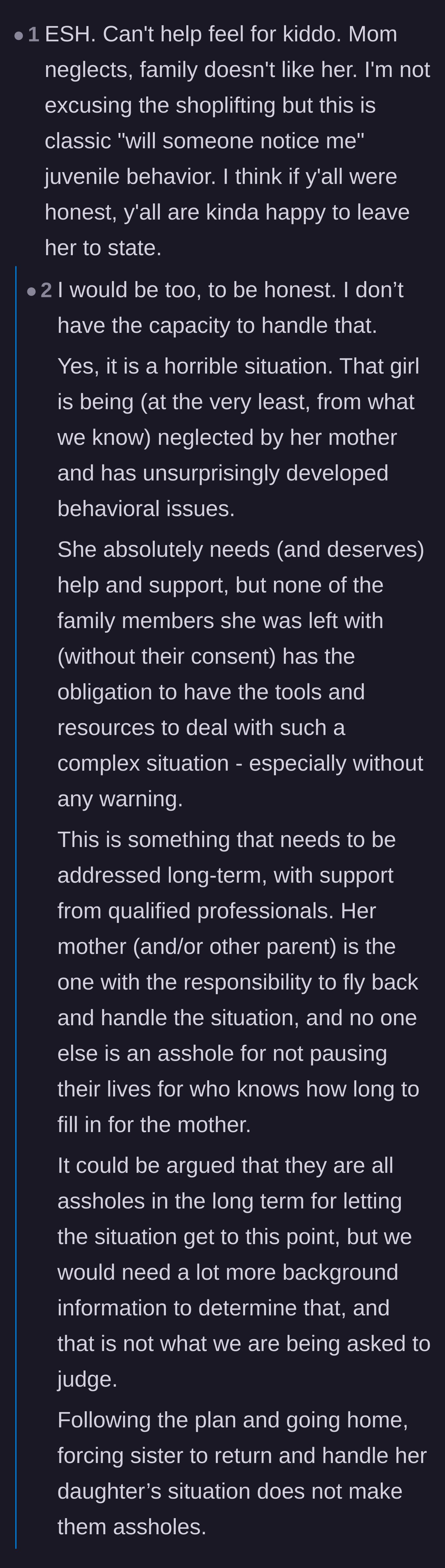 Comment thread 6 - A fierce debate over whether the family had a moral obligation to stay despite the mother's negligence.