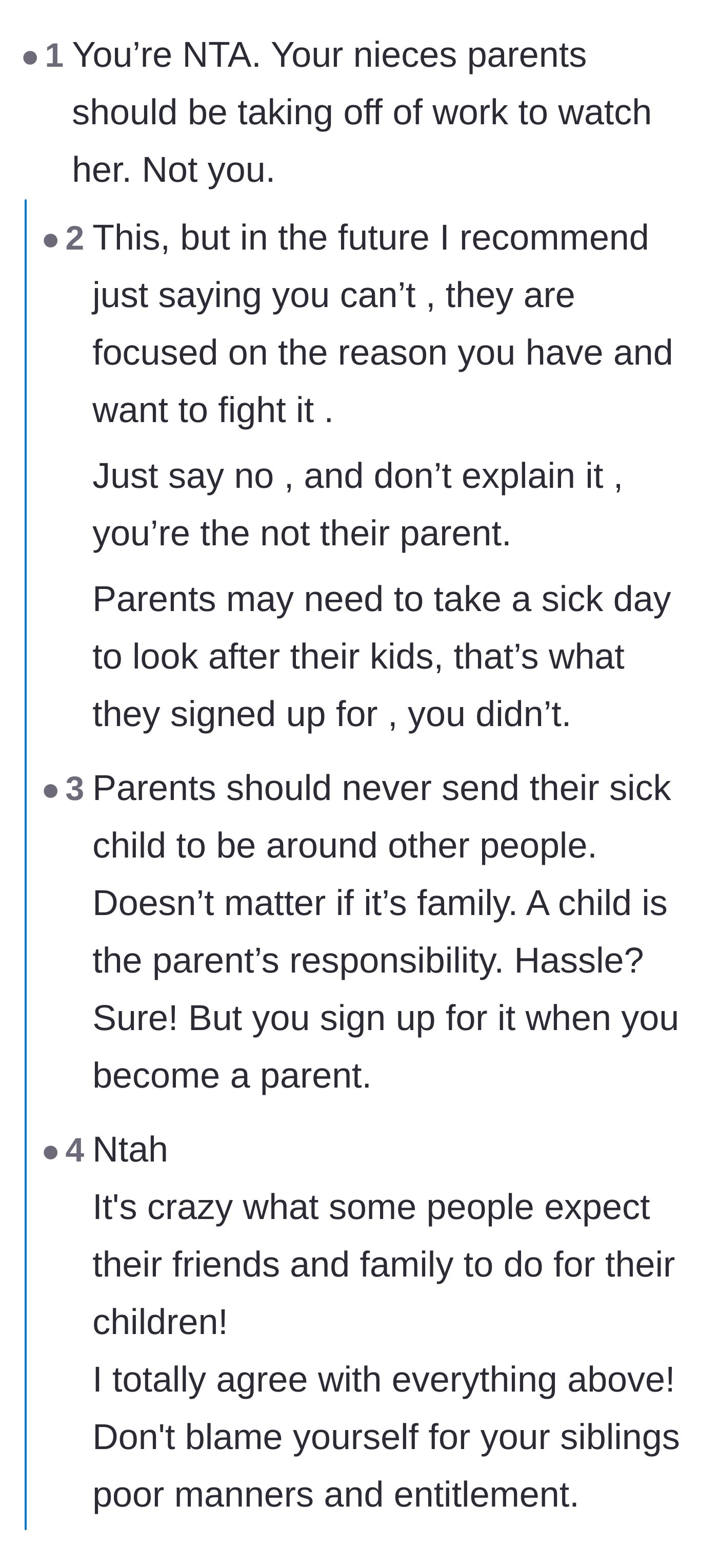 Comment thread 2 - Advice telling the uncle to stop over-explaining and just give the parents a firm, unapologetic no.