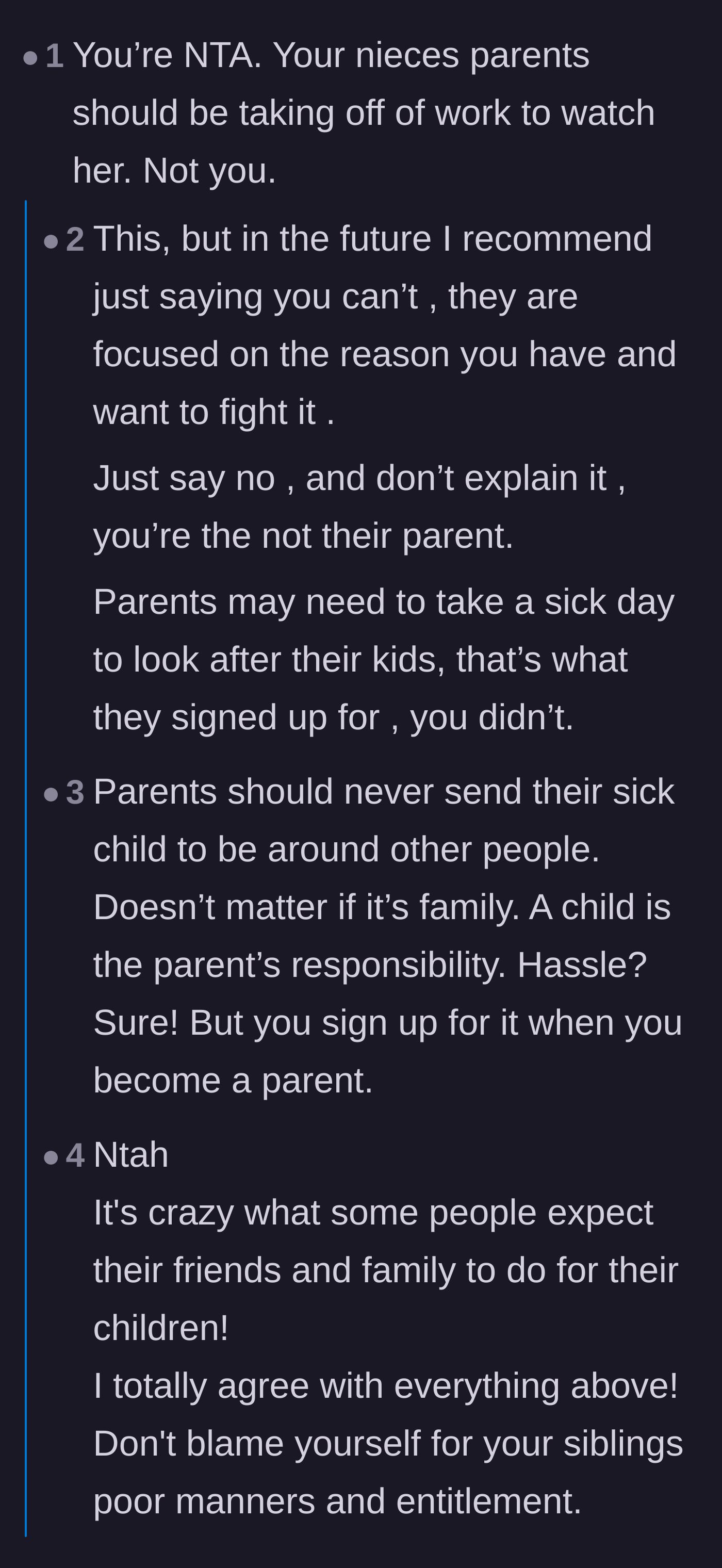 Comment thread 2 - Advice telling the uncle to stop over-explaining and just give the parents a firm, unapologetic no.