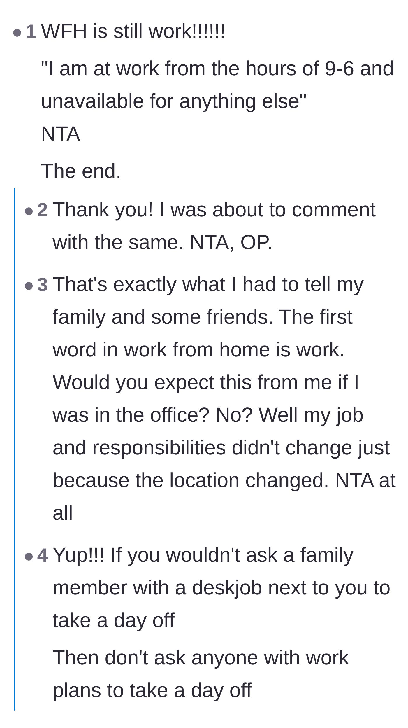 Comment thread 4 - Commenters pointing out that nobody would ever ask an in-office worker to just randomly babysit during a shift.