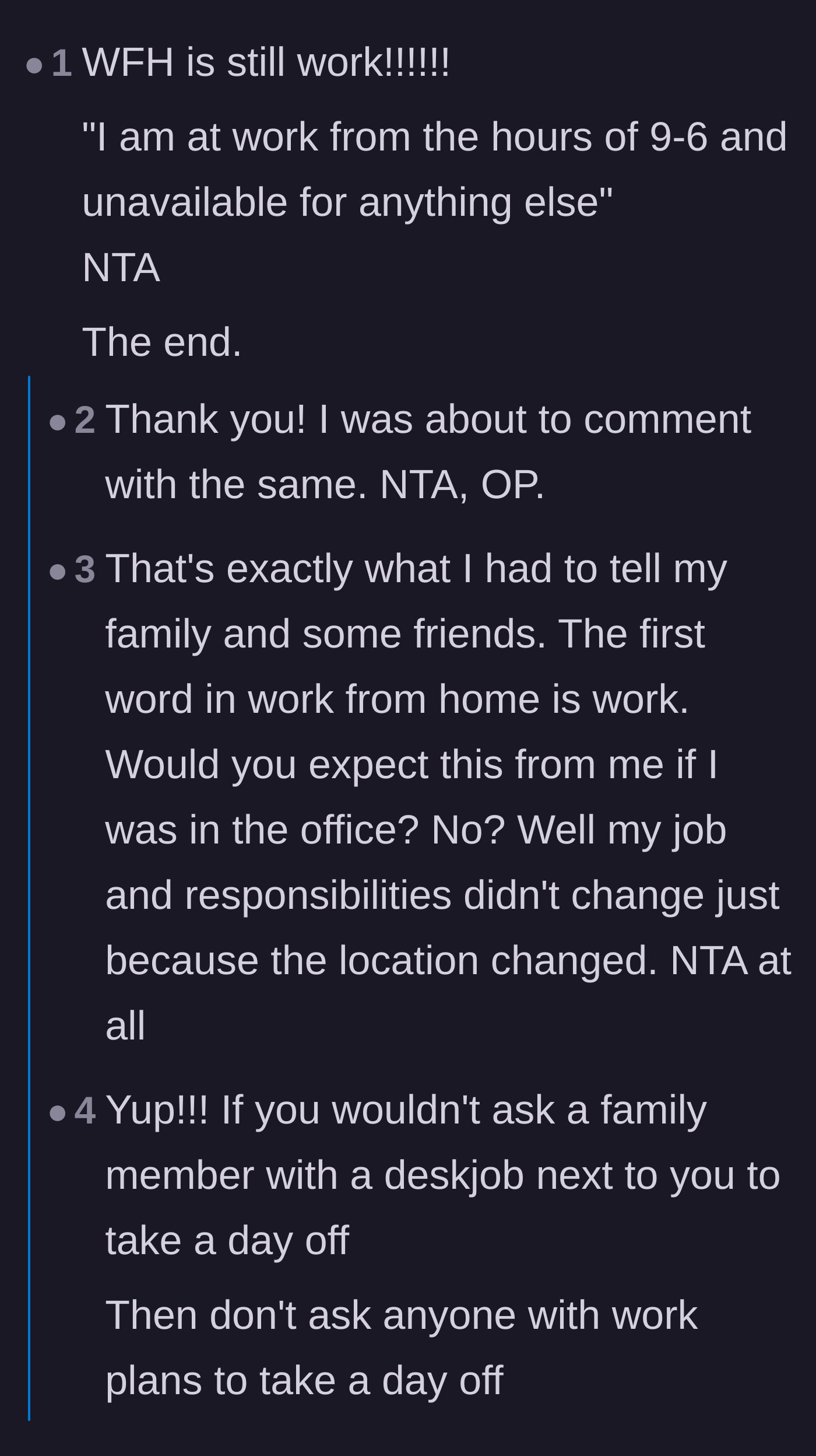 Comment thread 4 - Commenters pointing out that nobody would ever ask an in-office worker to just randomly babysit during a shift.