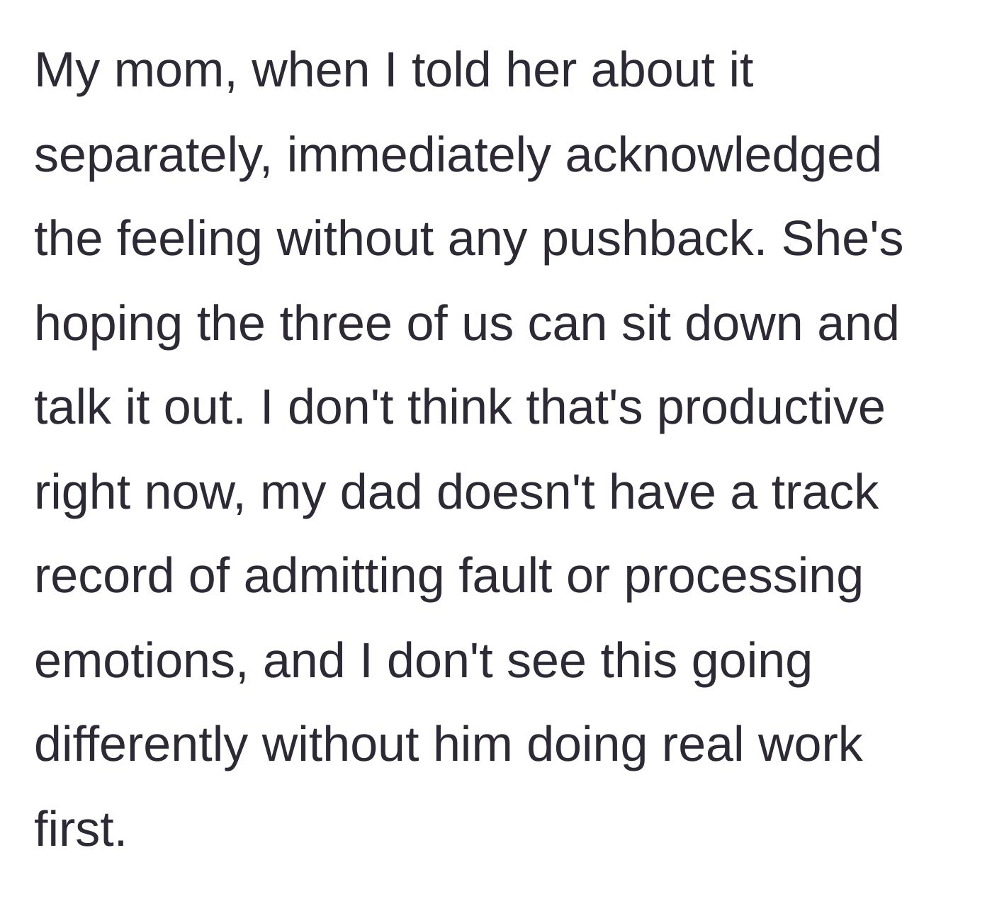 Story part 5 - The mother validates the feelings but pushes for a sit-down mediation.