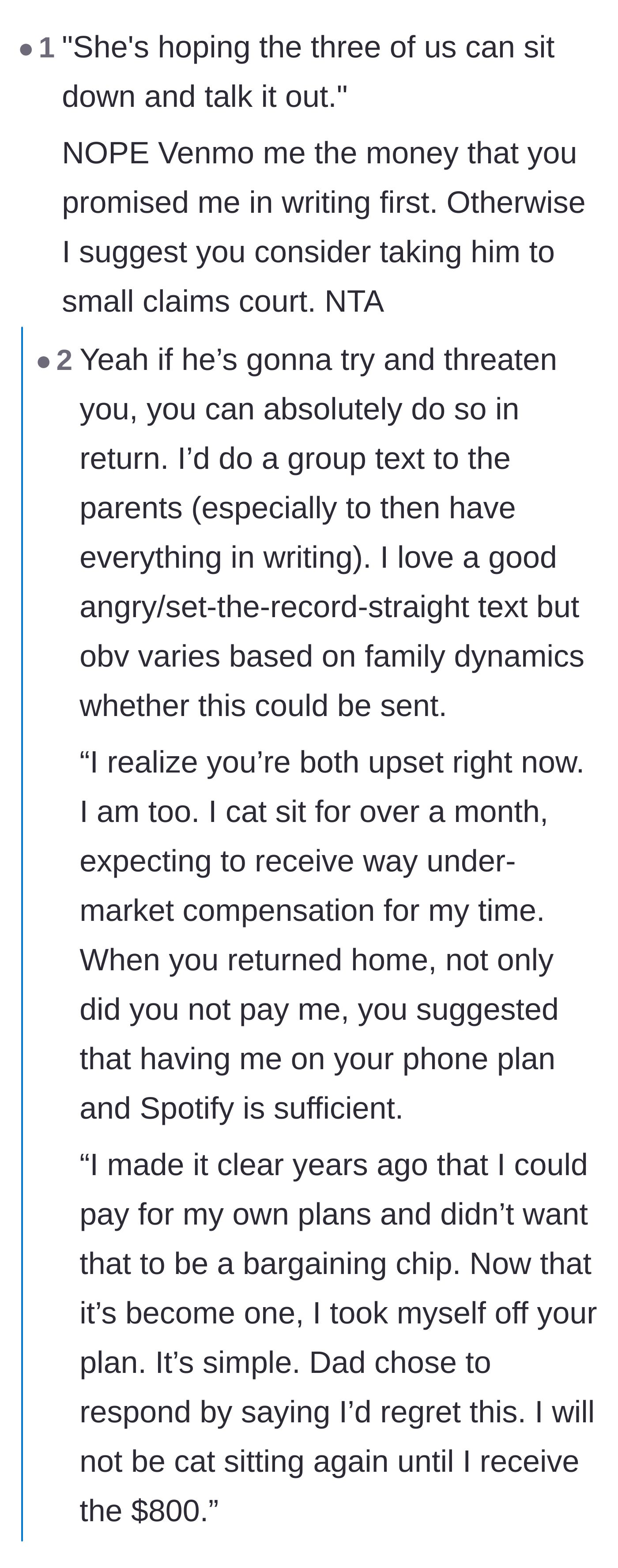 Comment thread 3 - Advice to skip the family sit-down and take the father to small claims court using the written agreement.