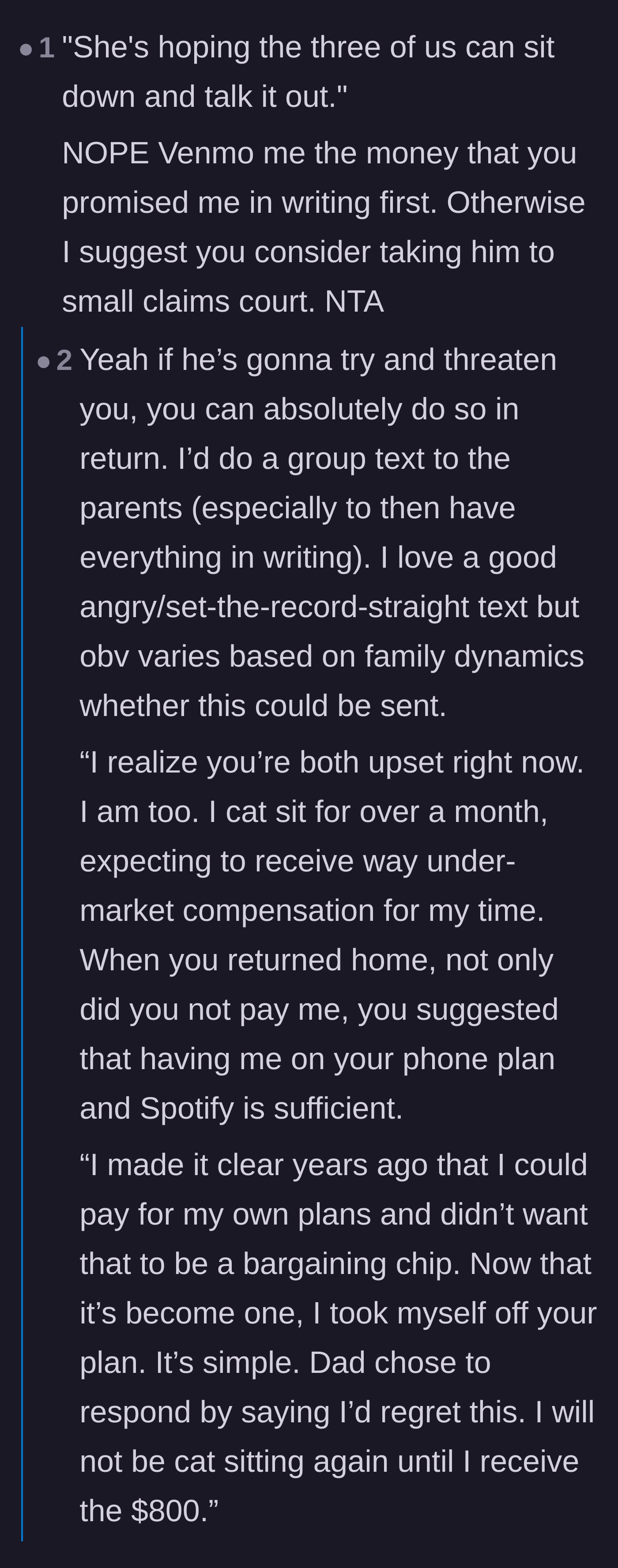 Comment thread 3 - Advice to skip the family sit-down and take the father to small claims court using the written agreement.