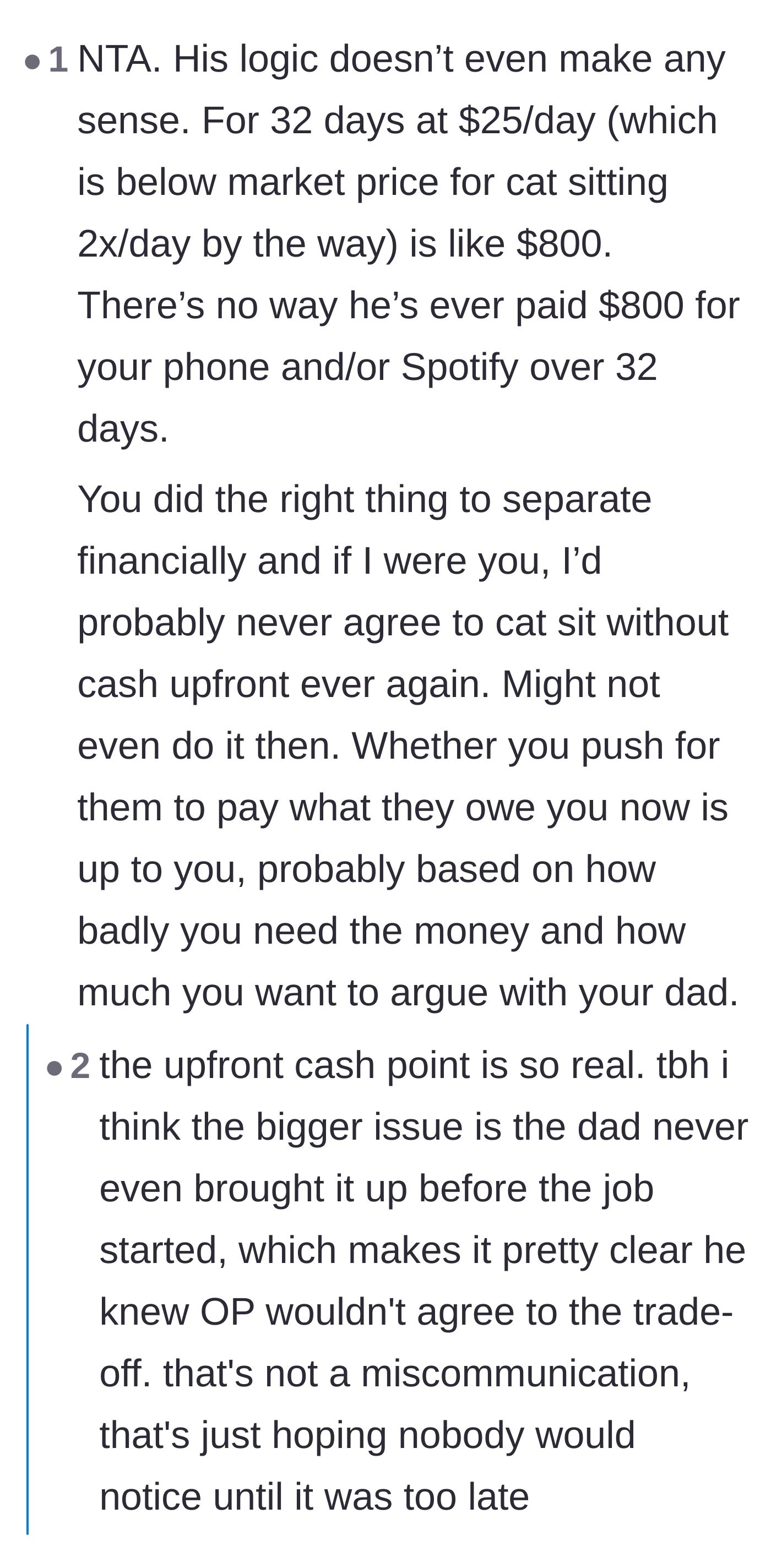 Comment thread 4 - Breaking down the father's flawed logic comparing a phone bill to a month of manual labor.
