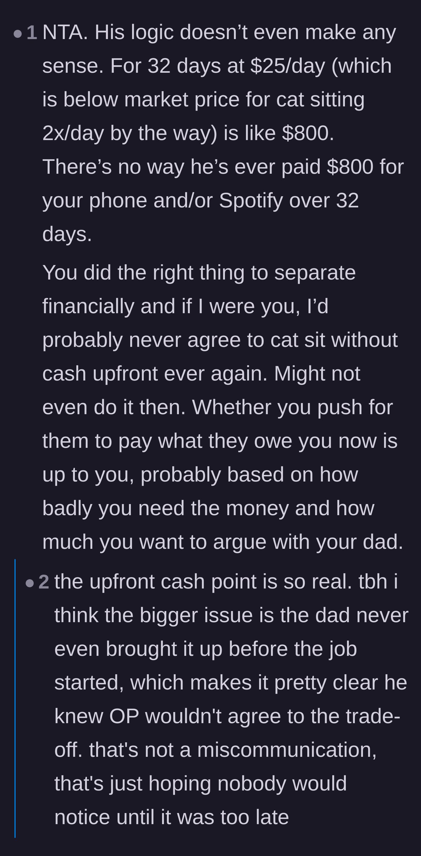 Comment thread 4 - Breaking down the father's flawed logic comparing a phone bill to a month of manual labor.