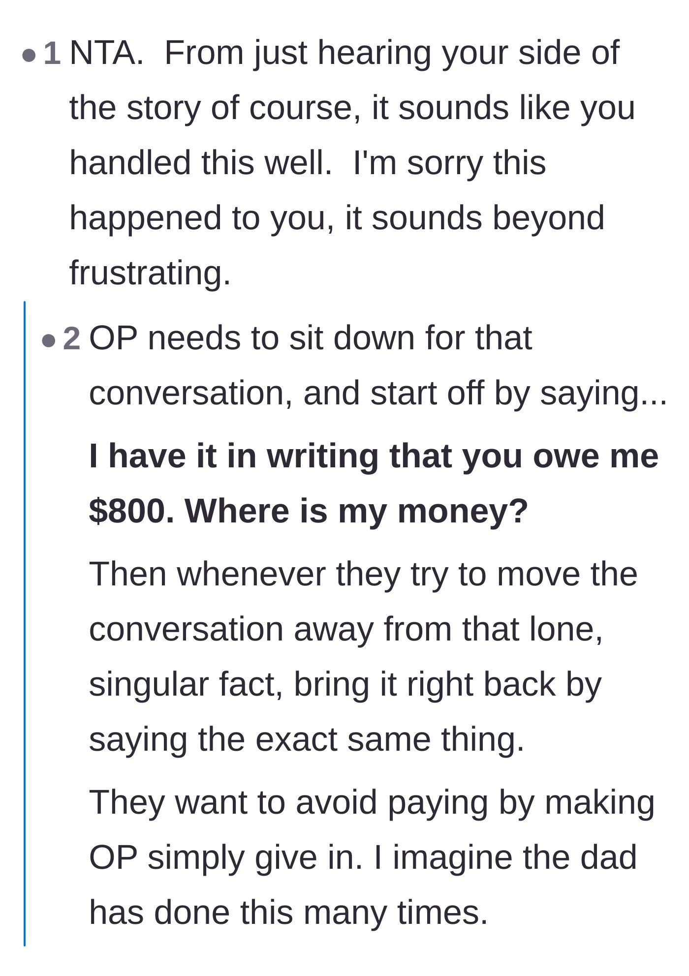 Comment thread 6 - Strategy for the proposed mediation by acting as a broken record about the owed money.