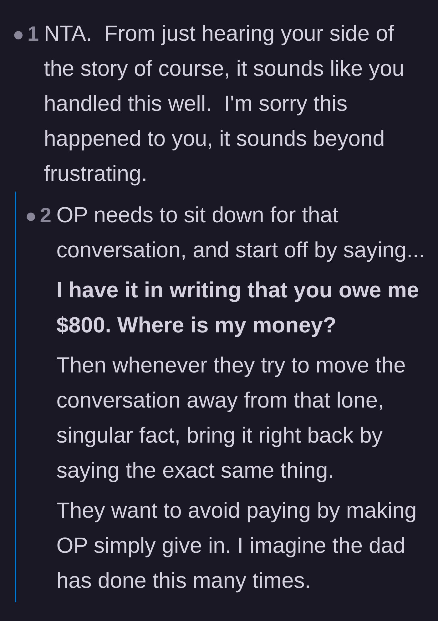 Comment thread 6 - Strategy for the proposed mediation by acting as a broken record about the owed money.