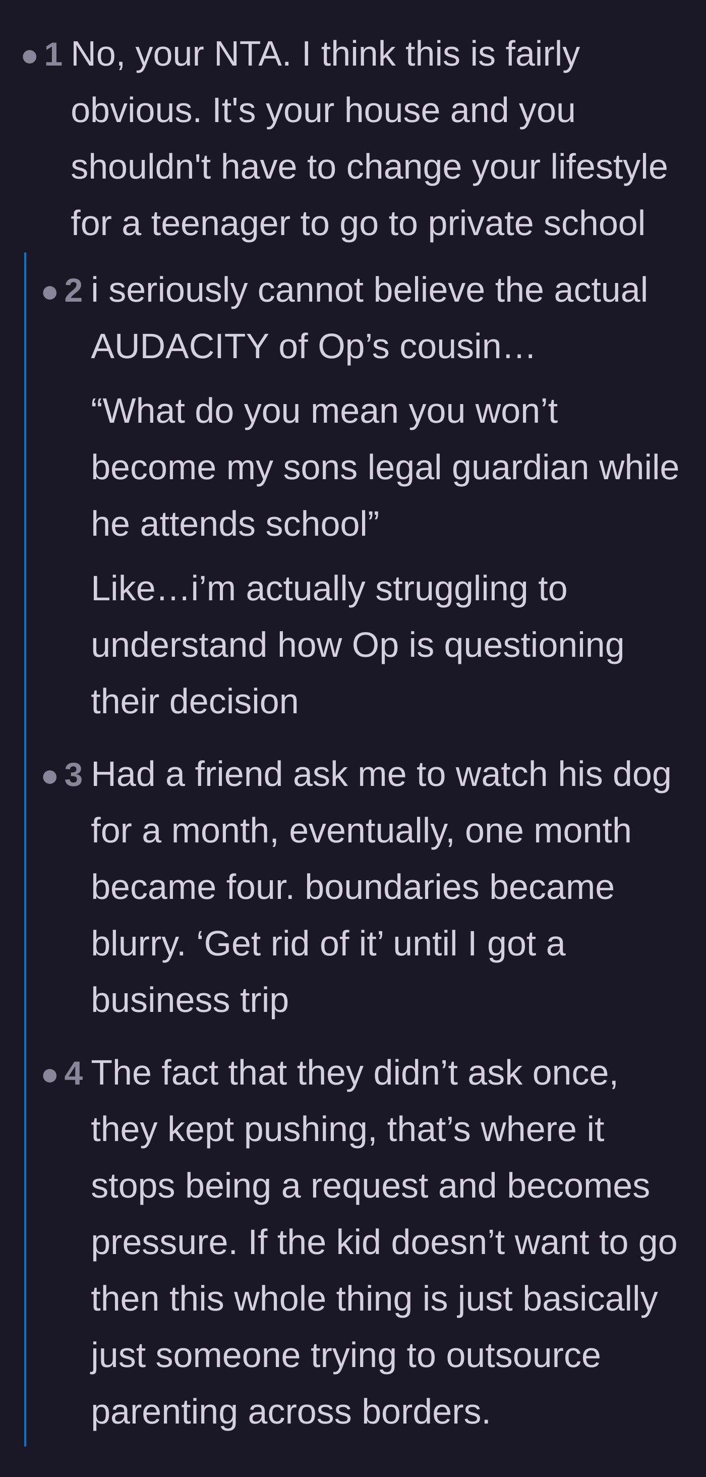 Comment thread 1 - Redditors praising the author for having a backbone and calling out the cousin's audacity to outsource motherhood.
