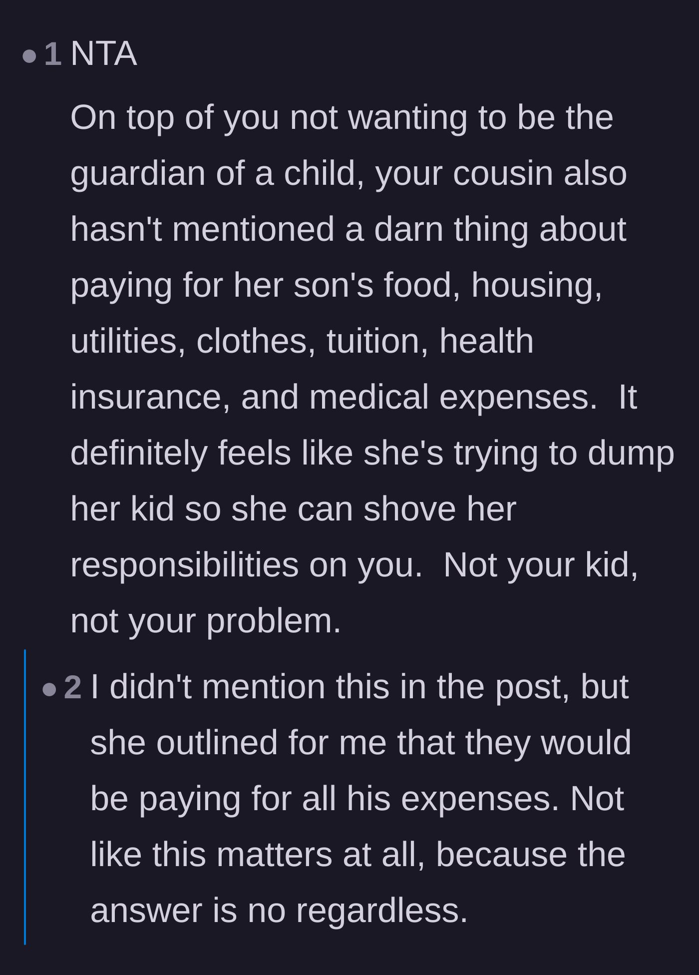 Comment thread 3 - Debate over the financial logistics and the inevitable reality that the parents would eventually stop paying expenses.