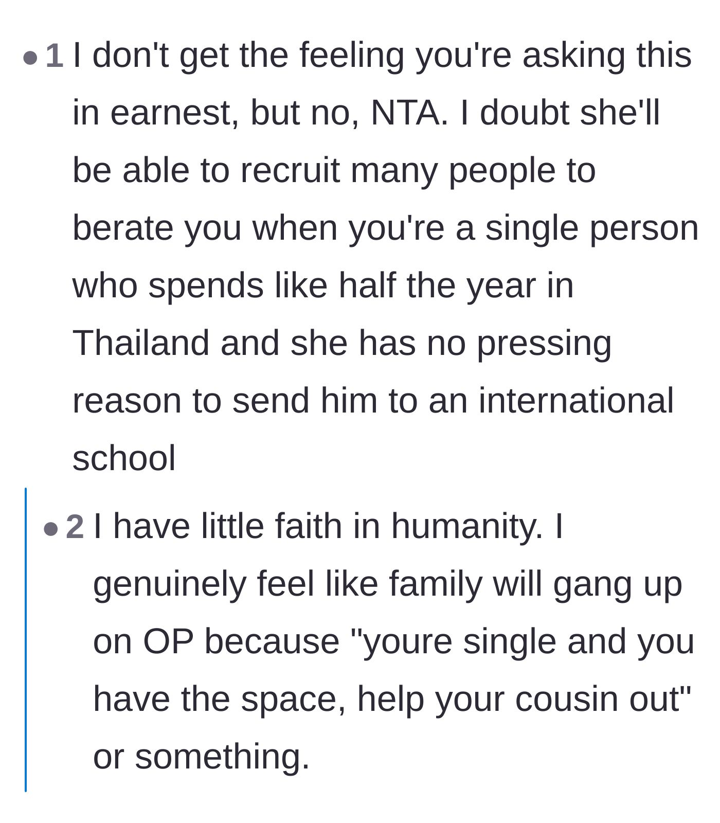 Comment thread 5 - Speculation on whether the rest of the family will actually fall for the cousin's victim act and gang up on the author.