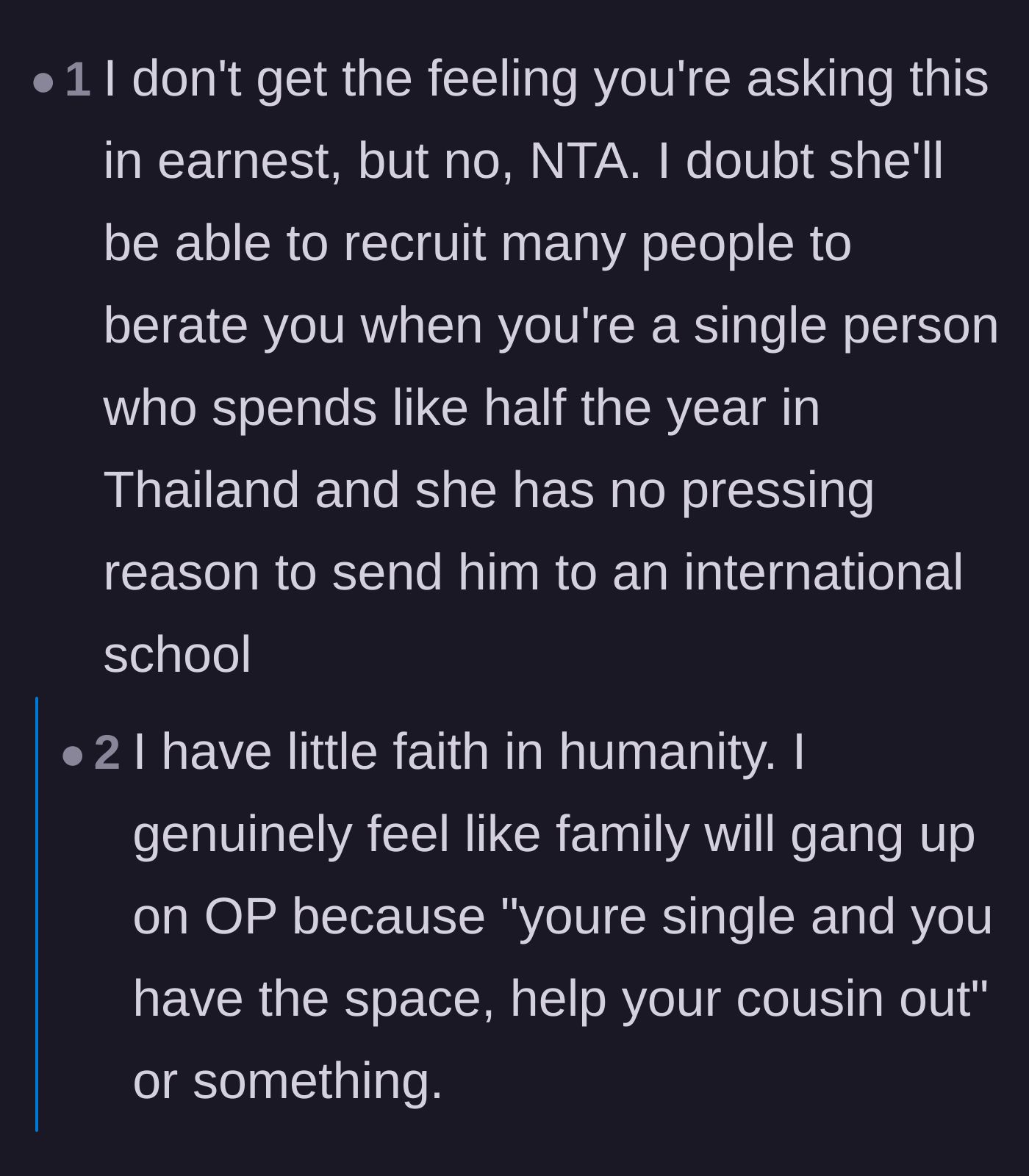 Comment thread 5 - Speculation on whether the rest of the family will actually fall for the cousin's victim act and gang up on the author.