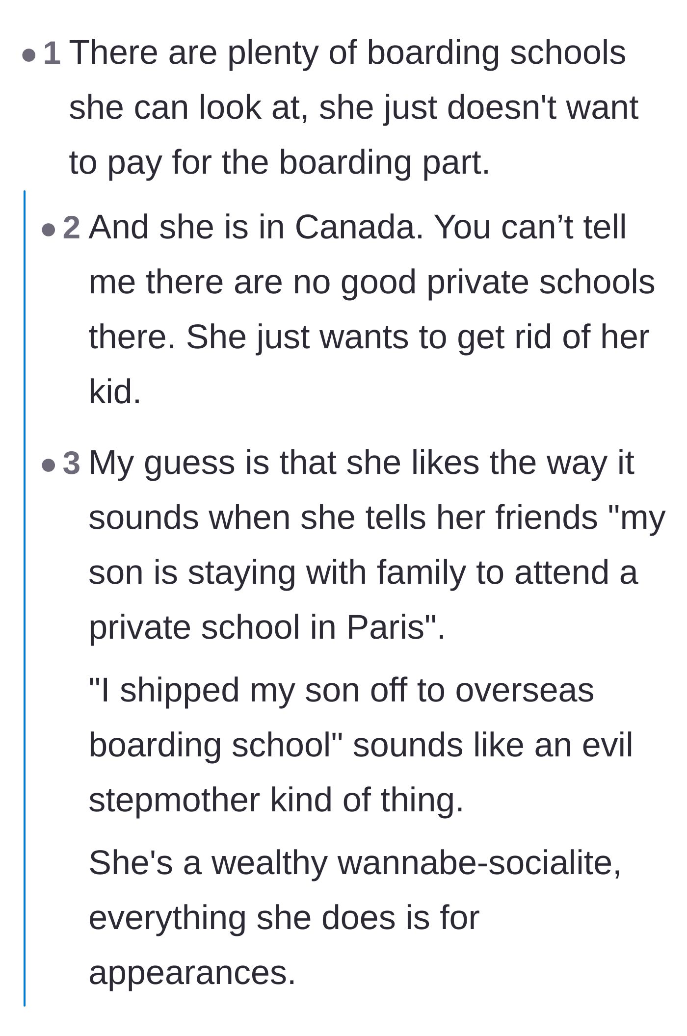 Comment thread 6 - Readers theorizing that the cousin wants the social status of a kid in European private school without paying boarding fees.