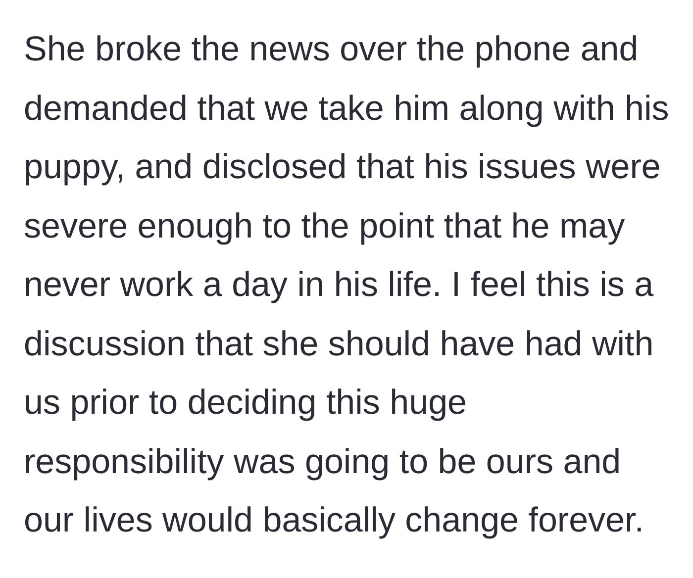 Story part 2 - The sister-in-law makes a phone call demanding the couple take the boy and his puppy, admitting the child's behavioral issues are permanently disabling.