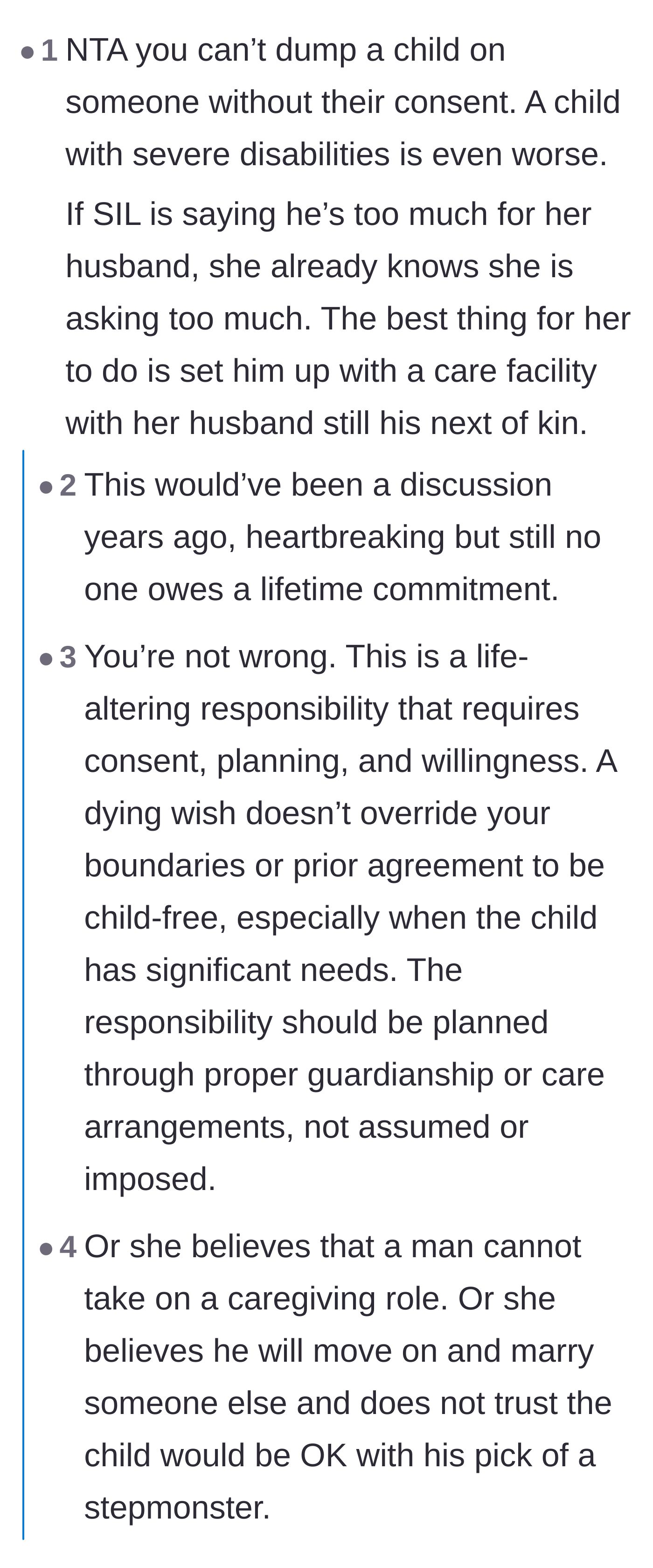 Comment thread 1 - Debate over the sister-in-law bypassing her own husband to place the child with relatives.