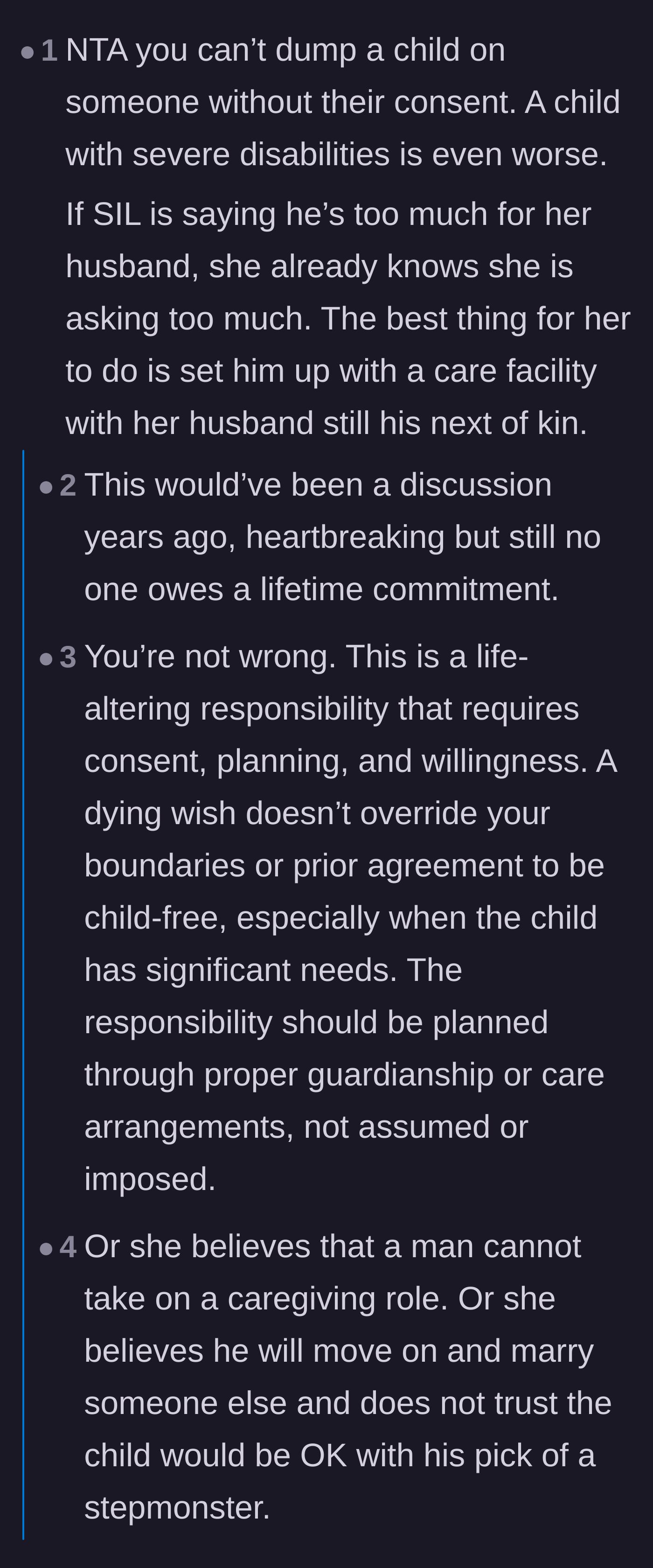 Comment thread 1 - Debate over the sister-in-law bypassing her own husband to place the child with relatives.